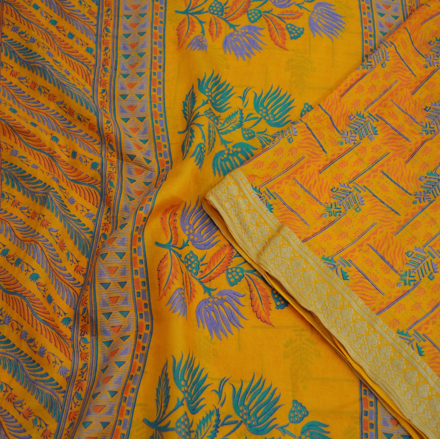 Indian Vintage Sari Saffron 100% Pure Silk Printed Saree Fabric 5yd Sewing Craft DressMaking Soft Floral