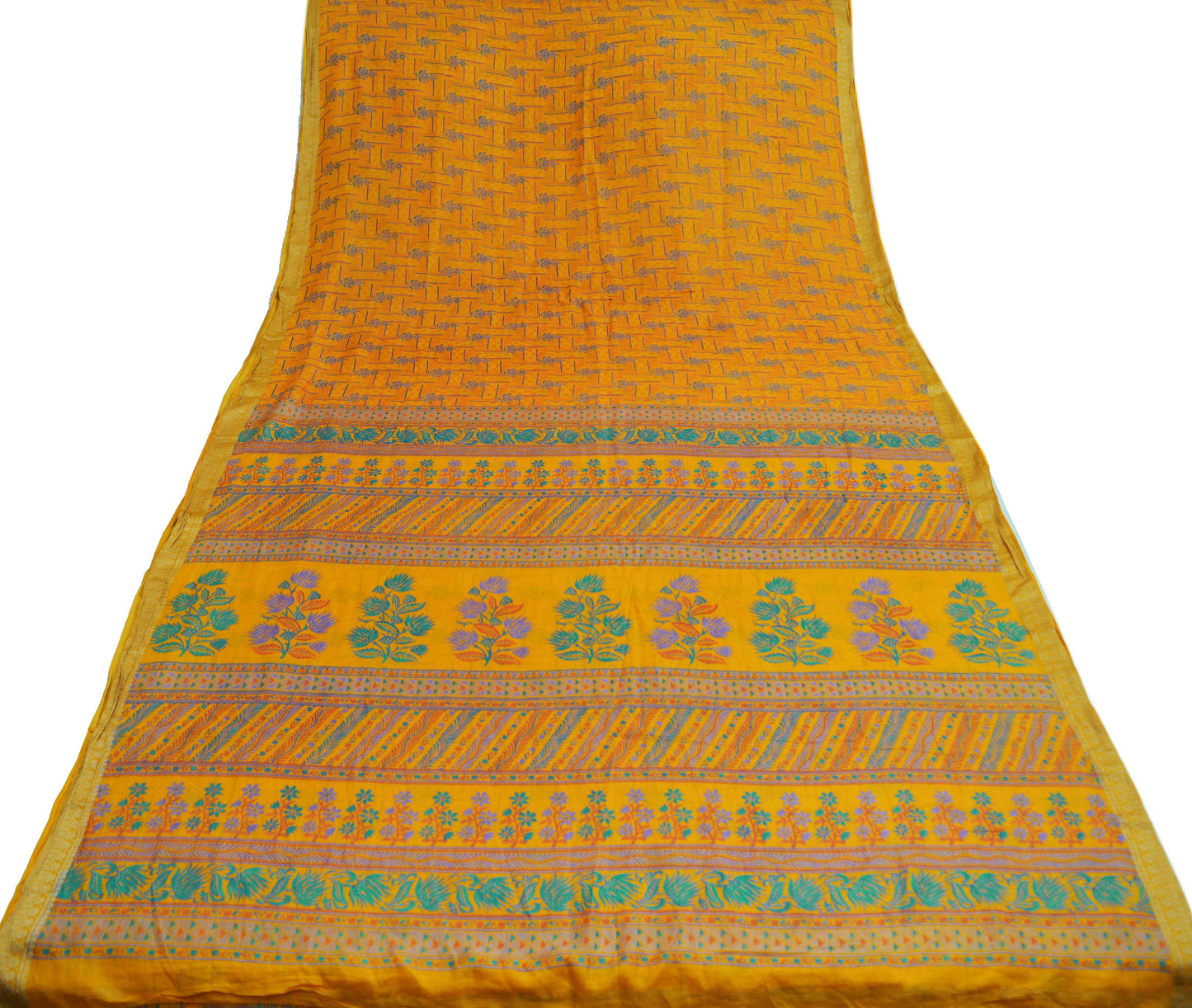 Indian Vintage Sari Saffron 100% Pure Silk Printed Saree Fabric 5yd Sewing Craft DressMaking Soft Floral