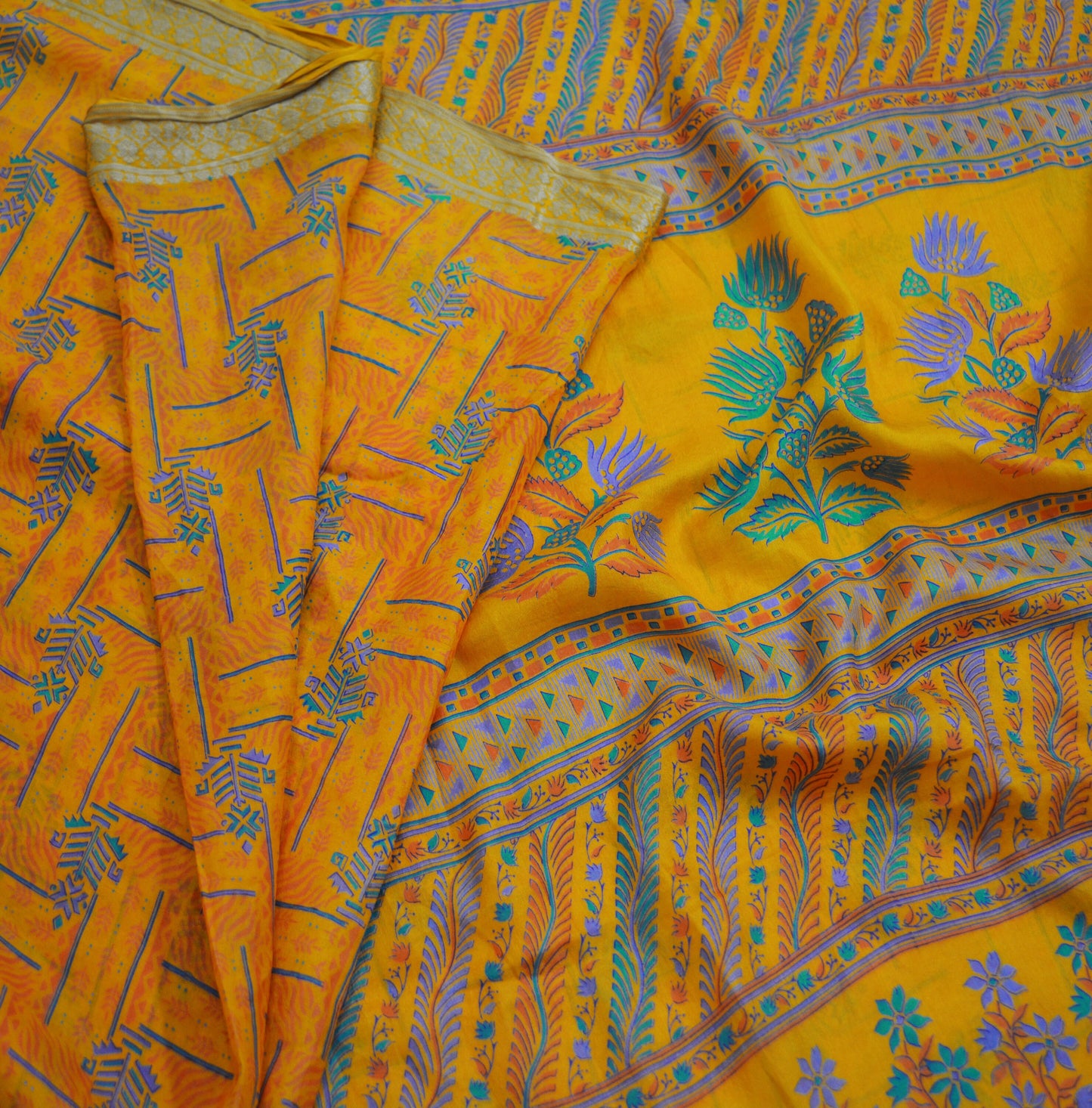 Indian Vintage Sari Saffron 100% Pure Silk Printed Saree Fabric 5yd Sewing Craft DressMaking Soft Floral