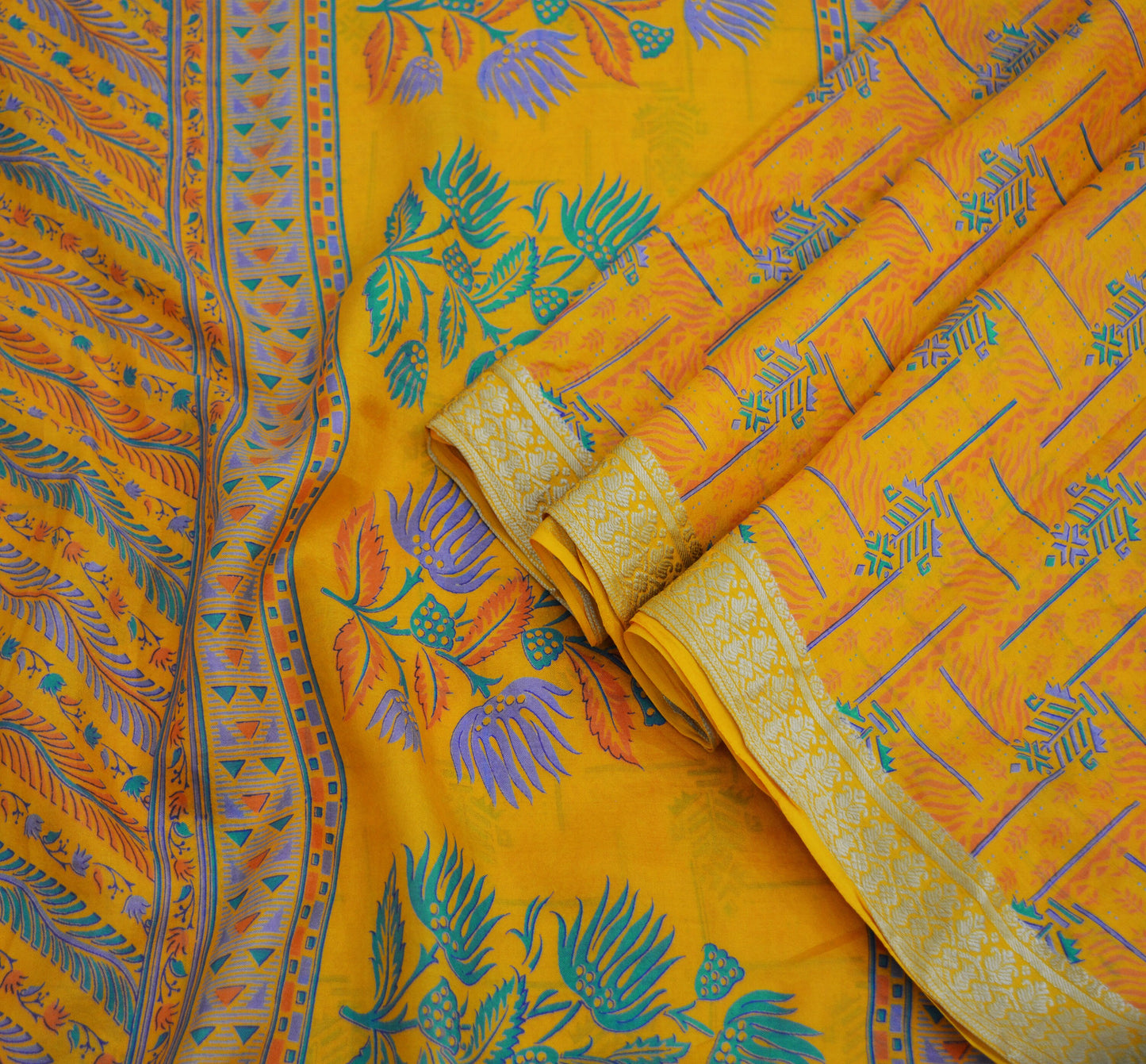 Indian Vintage Sari Saffron 100% Pure Silk Printed Saree Fabric 5yd Sewing Craft DressMaking Soft Floral