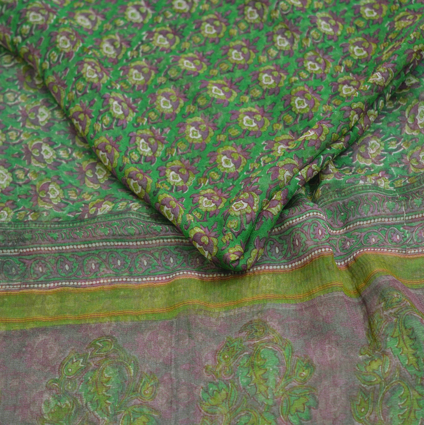 Women Vintage Sari Green Pure Chiffon Silk Printed Saree Craft Fabric Sewing 5Yard Soft Light Sari Dress Making