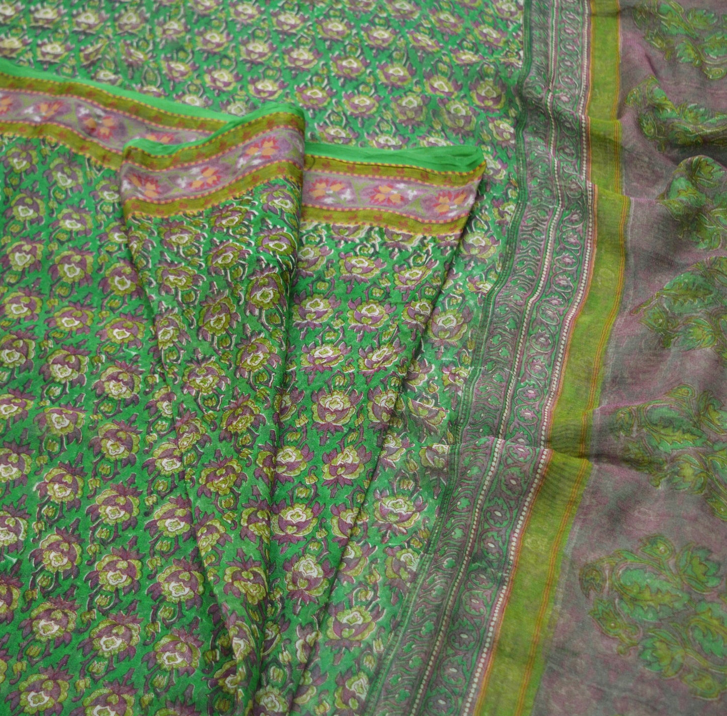 Women Vintage Sari Green Pure Chiffon Silk Printed Saree Craft Fabric Sewing 5Yard Soft Light Sari Dress Making