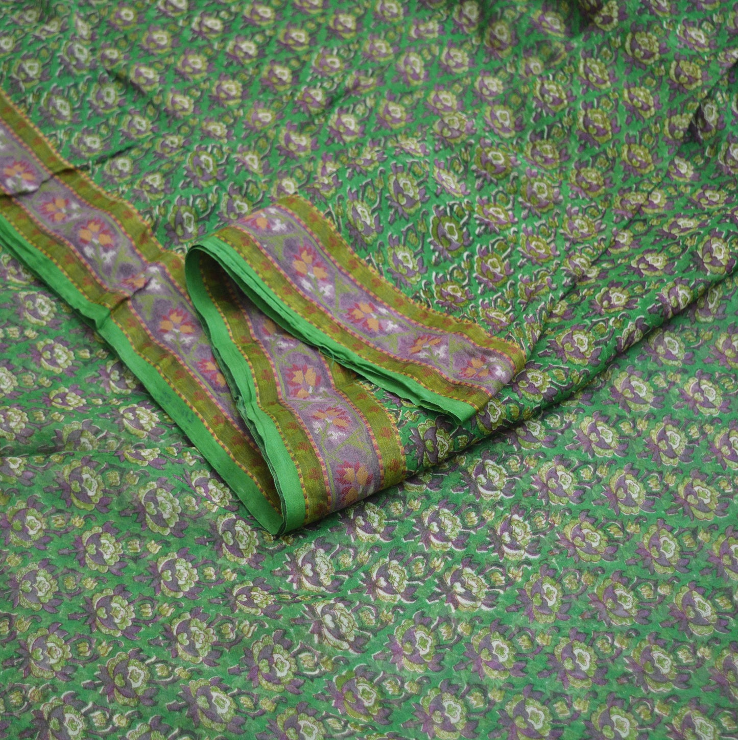 Women Vintage Sari Green Pure Chiffon Silk Printed Saree Craft Fabric Sewing 5Yard Soft Light Sari Dress Making