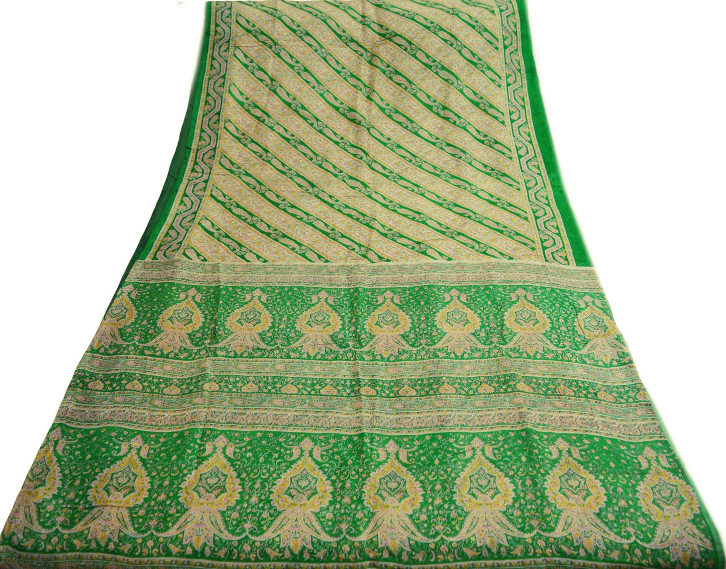 Indian Vintage Sari Ivory & Green Pure Silk Printed Saree Fabric 5yd Sewing Craft Fabric DressMaking Soft
