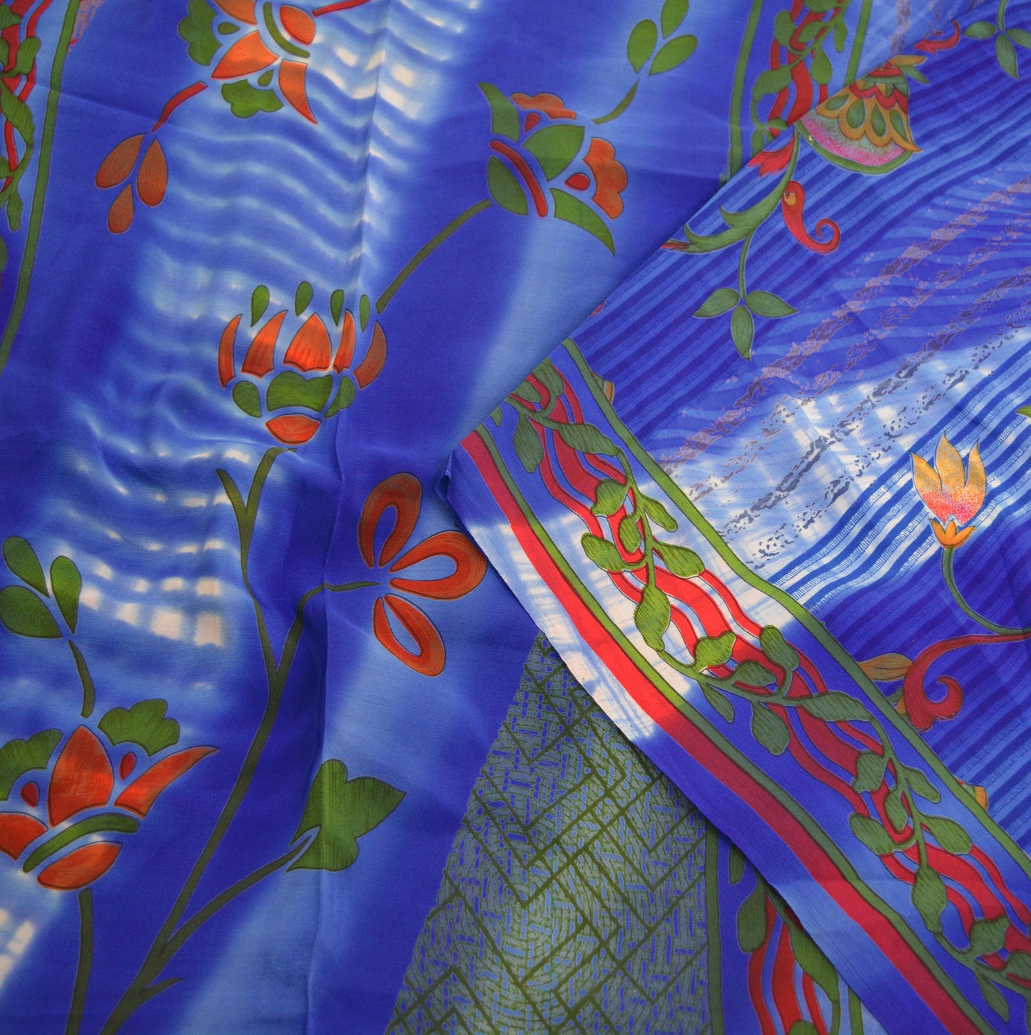 Indian Vintage Sari Blue Pure Crepe Silk Printed Saree 5yard Sewing Floral Soft Craft Fabric Wrap