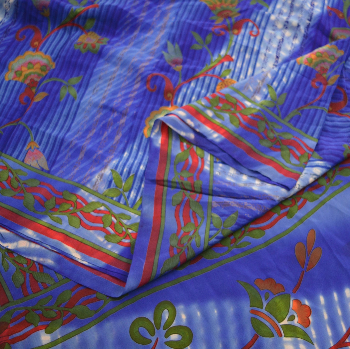 Indian Vintage Sari Blue Pure Crepe Silk Printed Saree 5yard Sewing Floral Soft Craft Fabric Wrap