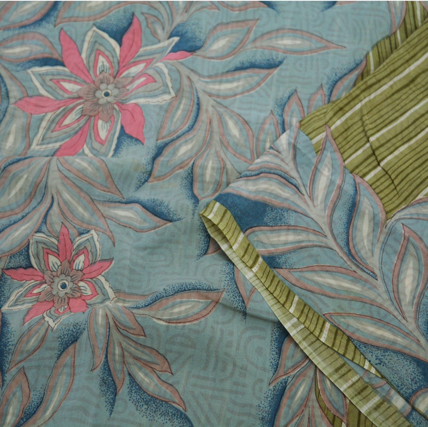 Indian Vintage Sari Green Pure Crepe Silk Printed Saree 5yard Sewing Floral Soft Craft Fabric Ethnic Wrap