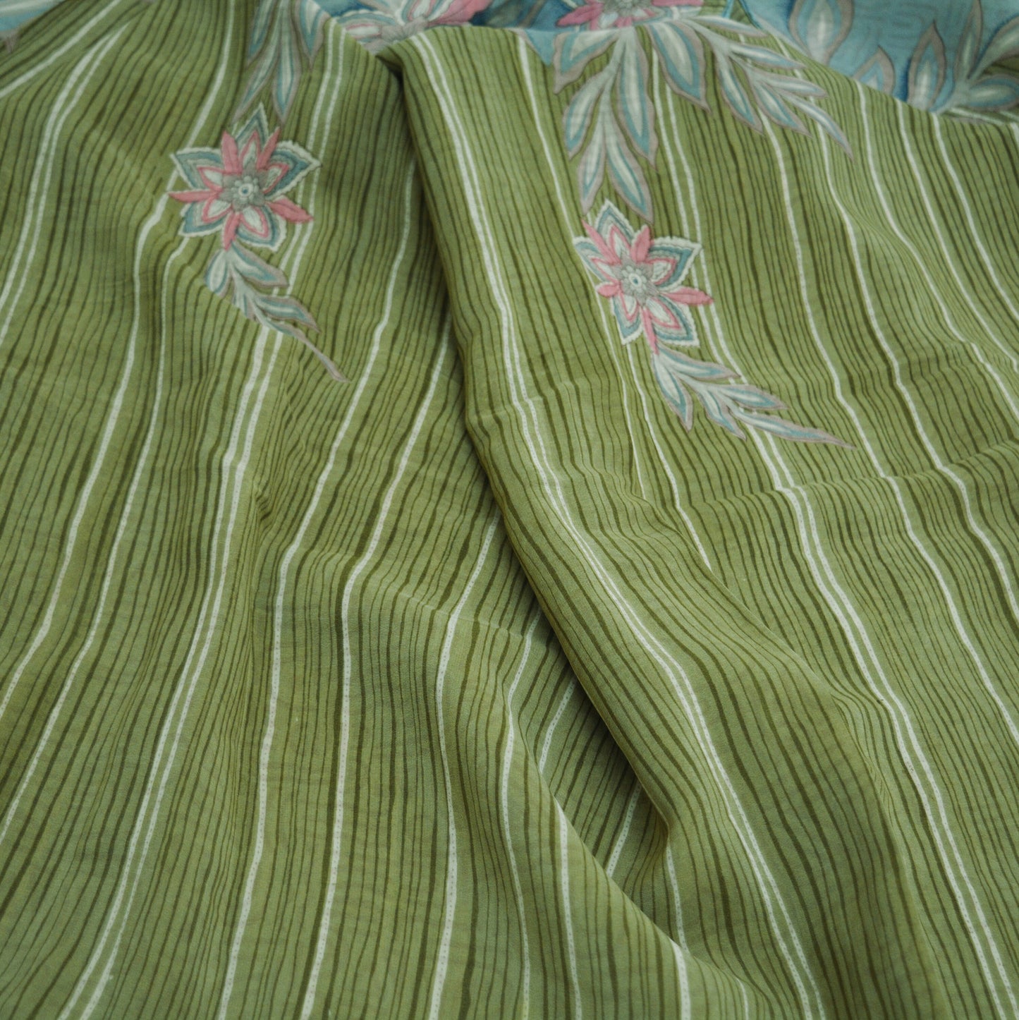 Indian Vintage Sari Green Pure Crepe Silk Printed Saree 5yard Sewing Floral Soft Craft Fabric Ethnic Wrap