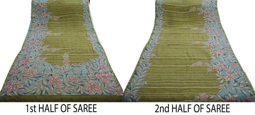 Indian Vintage Sari Green Pure Crepe Silk Printed Saree 5yard Sewing Floral Soft Craft Fabric Ethnic Wrap