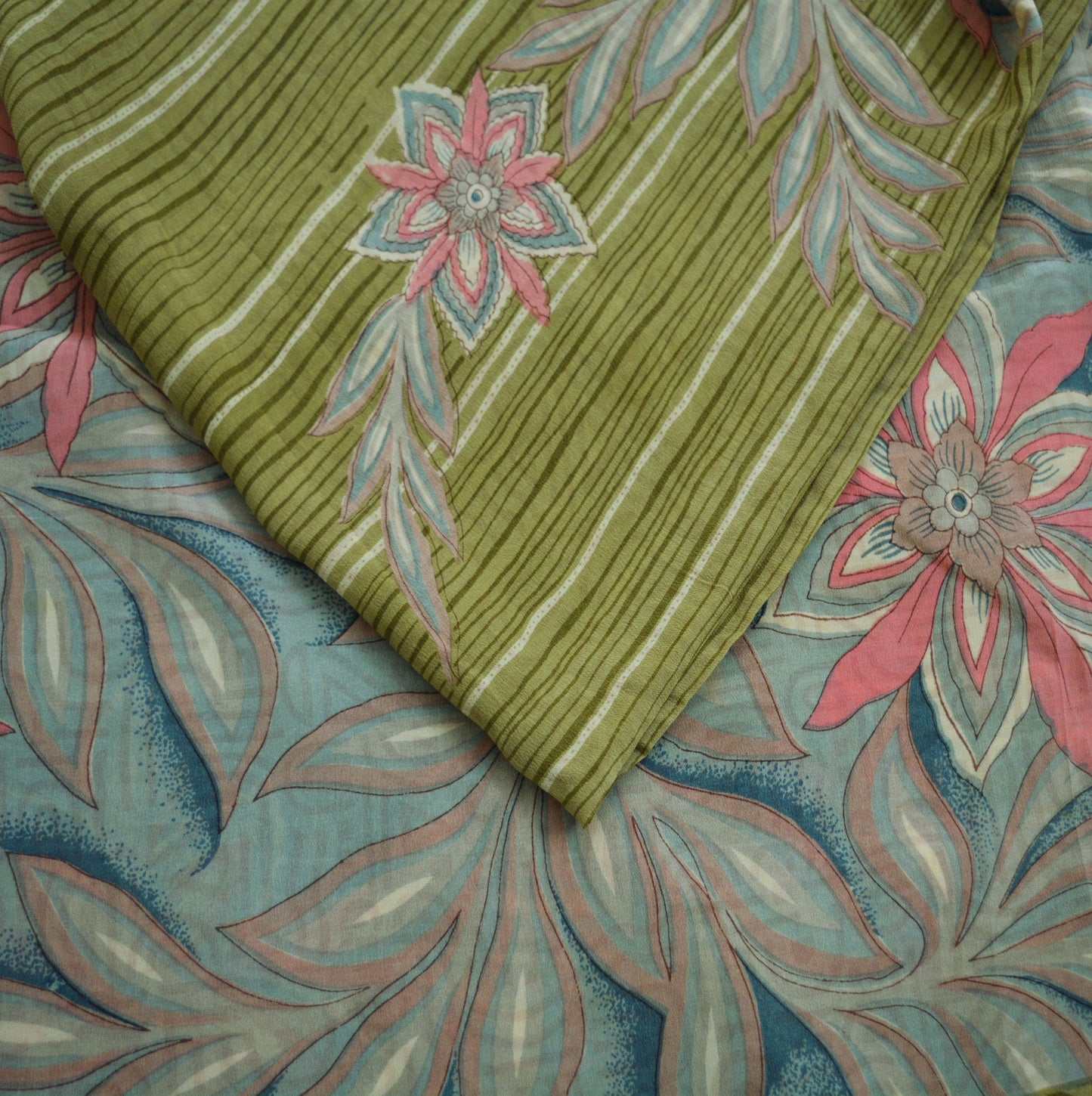 Indian Vintage Sari Green Pure Crepe Silk Printed Saree 5yard Sewing Floral Soft Craft Fabric Ethnic Wrap