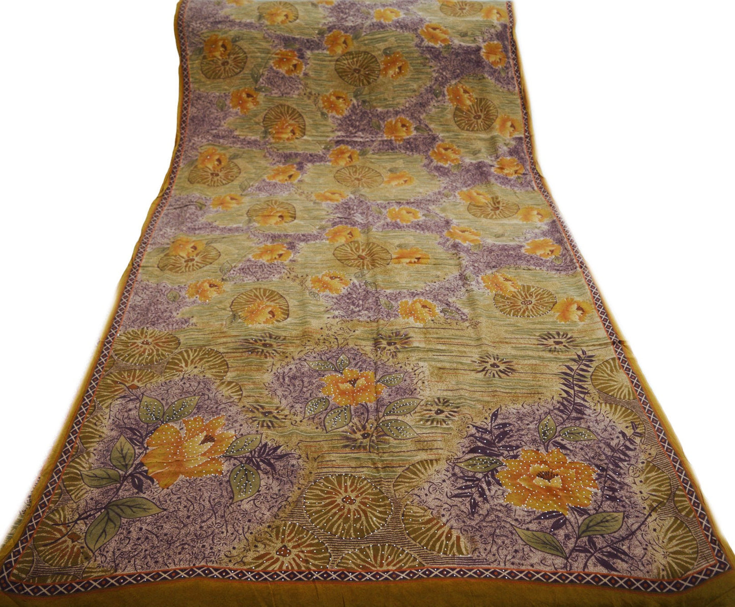 Indian Vintage Sari Multi Pure Crepe Silk Block Beaded Printed Saree 5yard Sewing Floral Soft Craft Fabric Wrap