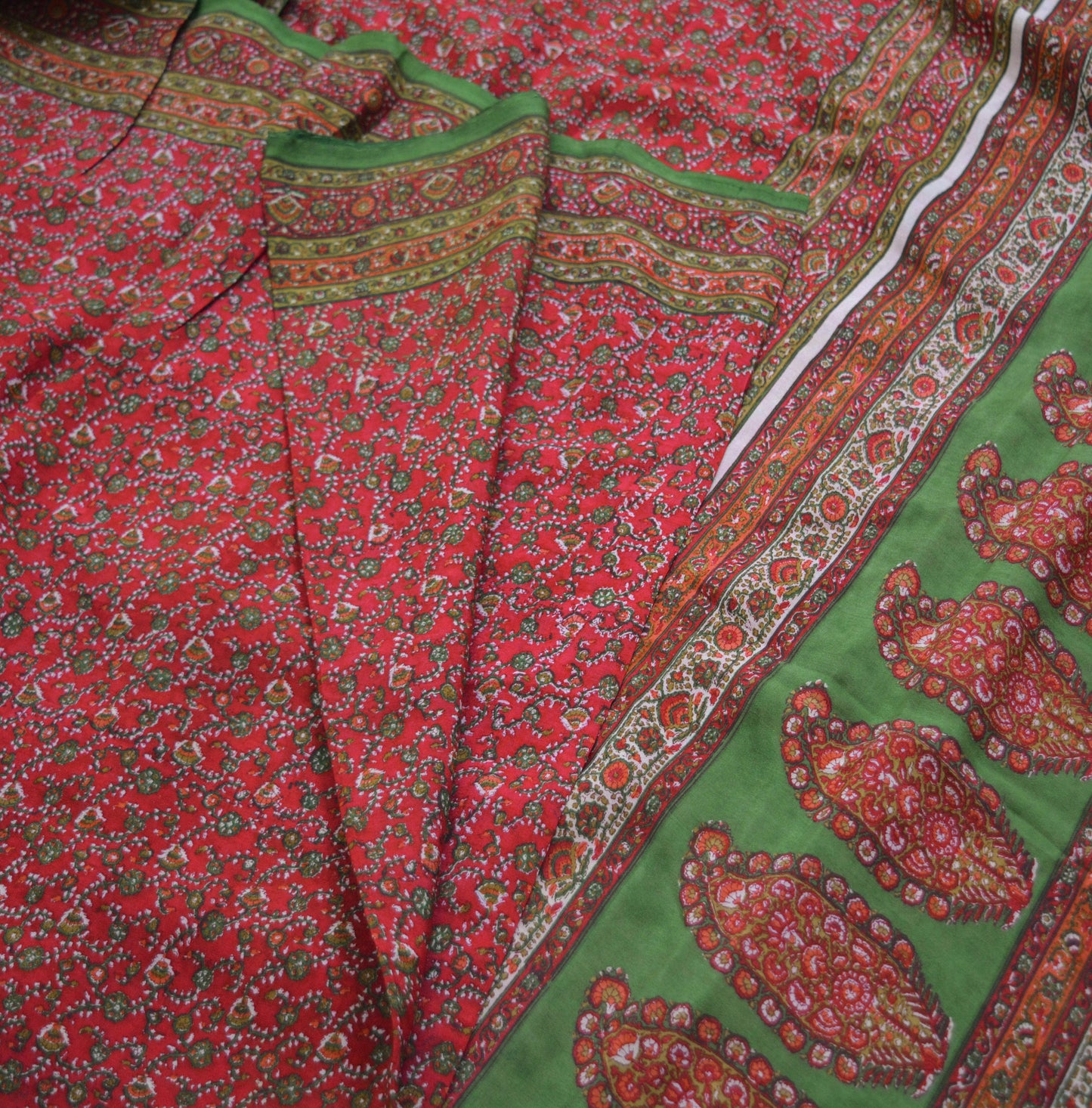 Indian Vintage Sari Pink & Green Pure Silk Printed Saree 5yd Sewing Craft Fabric DressMaking Soft Floral Ethnic