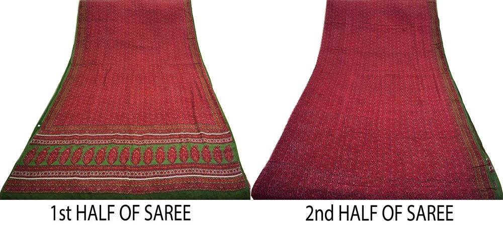 Indian Vintage Sari Pink & Green Pure Silk Printed Saree 5yd Sewing Craft Fabric DressMaking Soft Floral Ethnic