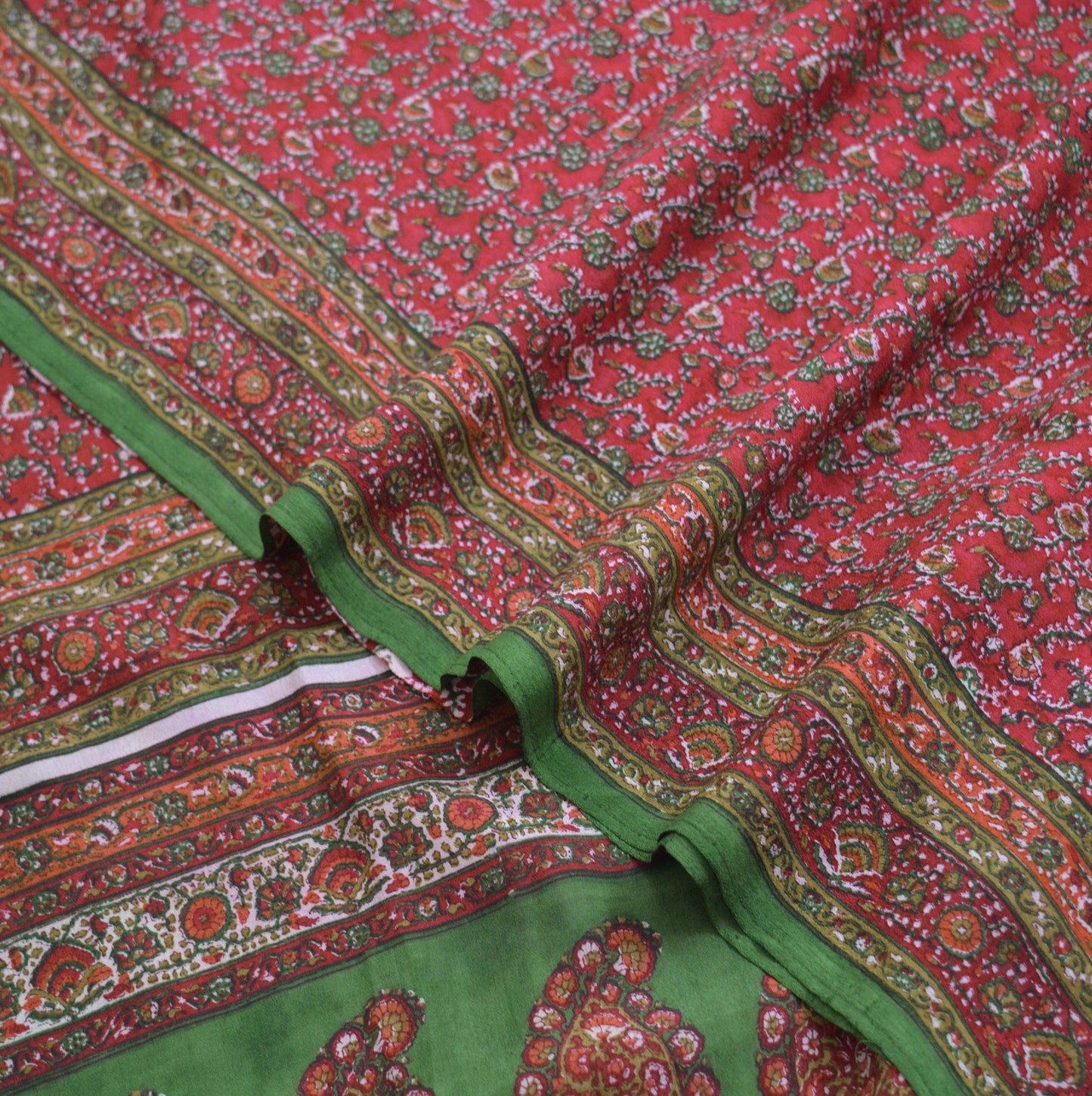 Indian Vintage Sari Pink & Green Pure Silk Printed Saree 5yd Sewing Craft Fabric DressMaking Soft Floral Ethnic