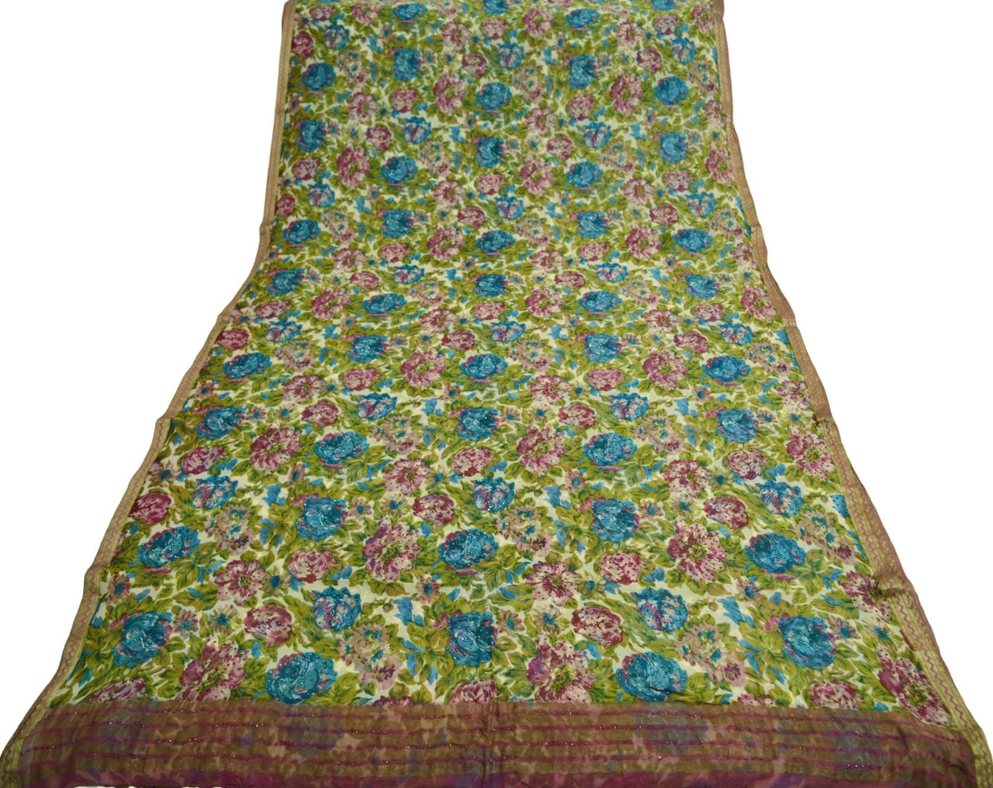 Women Vintage Sari Ivory Pure Chiffon Silk Beaded Printed Saree Craft Fabric Sewing 5Yard Soft Light Dress Making Floral Zari