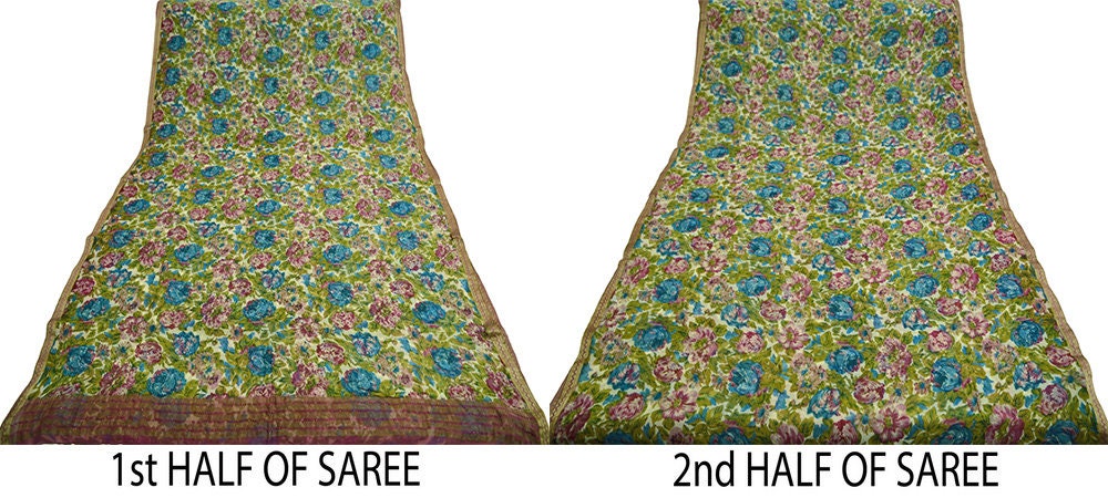 Women Vintage Sari Ivory Pure Chiffon Silk Beaded Printed Saree Craft Fabric Sewing 5Yard Soft Light Dress Making Floral Zari