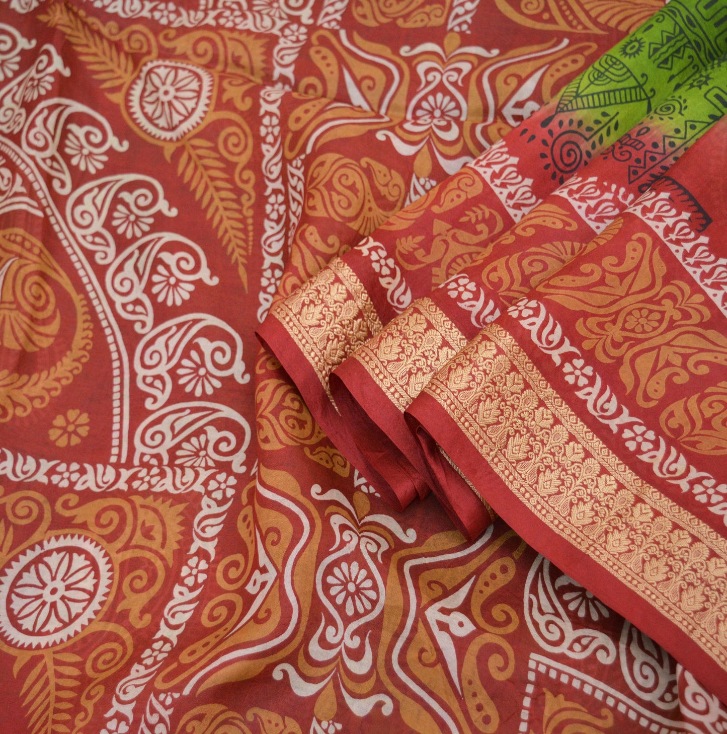 Indian Vintage Sari Red & green Pure Silk Warli Printed Saree Craft Fabric 5Yard Soft Dress making Sewing fabric