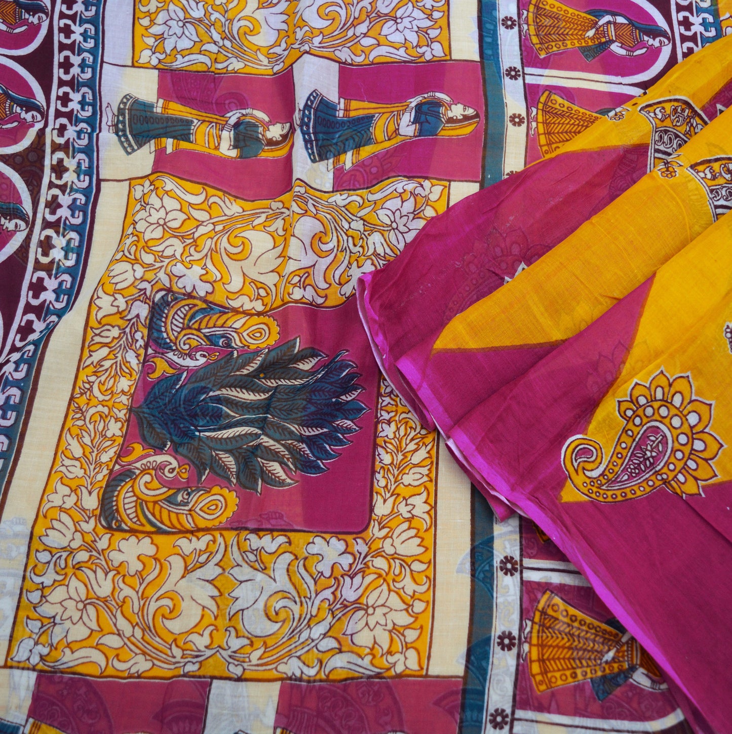 Indian Vintage Sari Saffron & Purple Printed Pure Cotton Saree Craft Soft Fabric 5Yard Sewing Sarong Wrap Boho Paisley