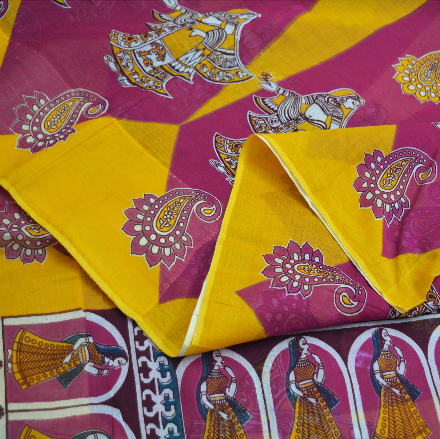 Indian Vintage Sari Saffron & Purple Printed Pure Cotton Saree Craft Soft Fabric 5Yard Sewing Sarong Wrap Boho Paisley