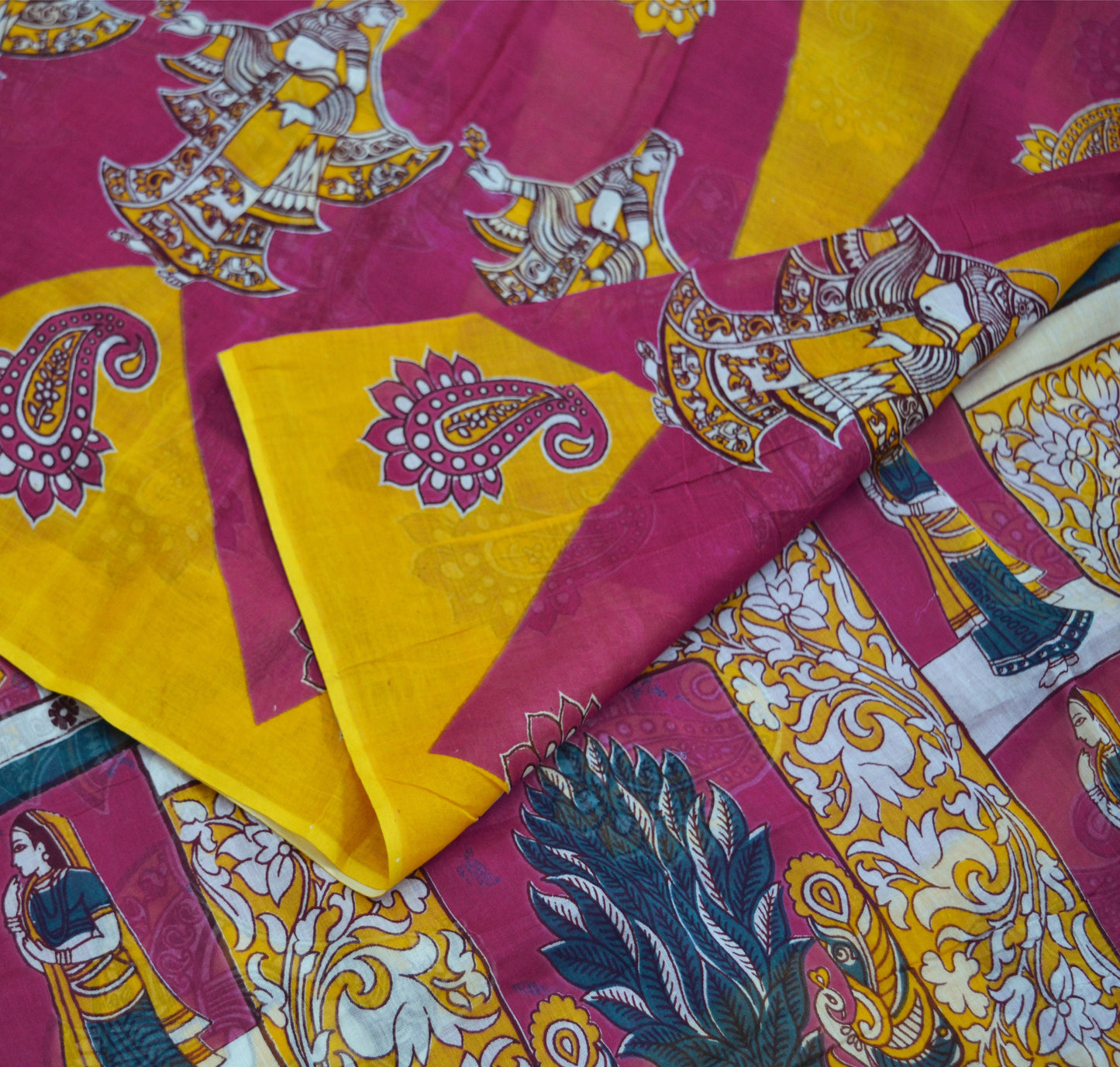 Indian Vintage Sari Saffron & Purple Printed Pure Cotton Saree Craft Soft Fabric 5Yard Sewing Sarong Wrap Boho Paisley