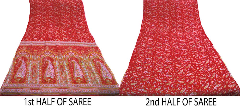 Indian Vintage Sari Red Pure Silk Printed Saree Fabric 6yard Sewing Craft Fabric DressMaking Soft Wrap Paisley