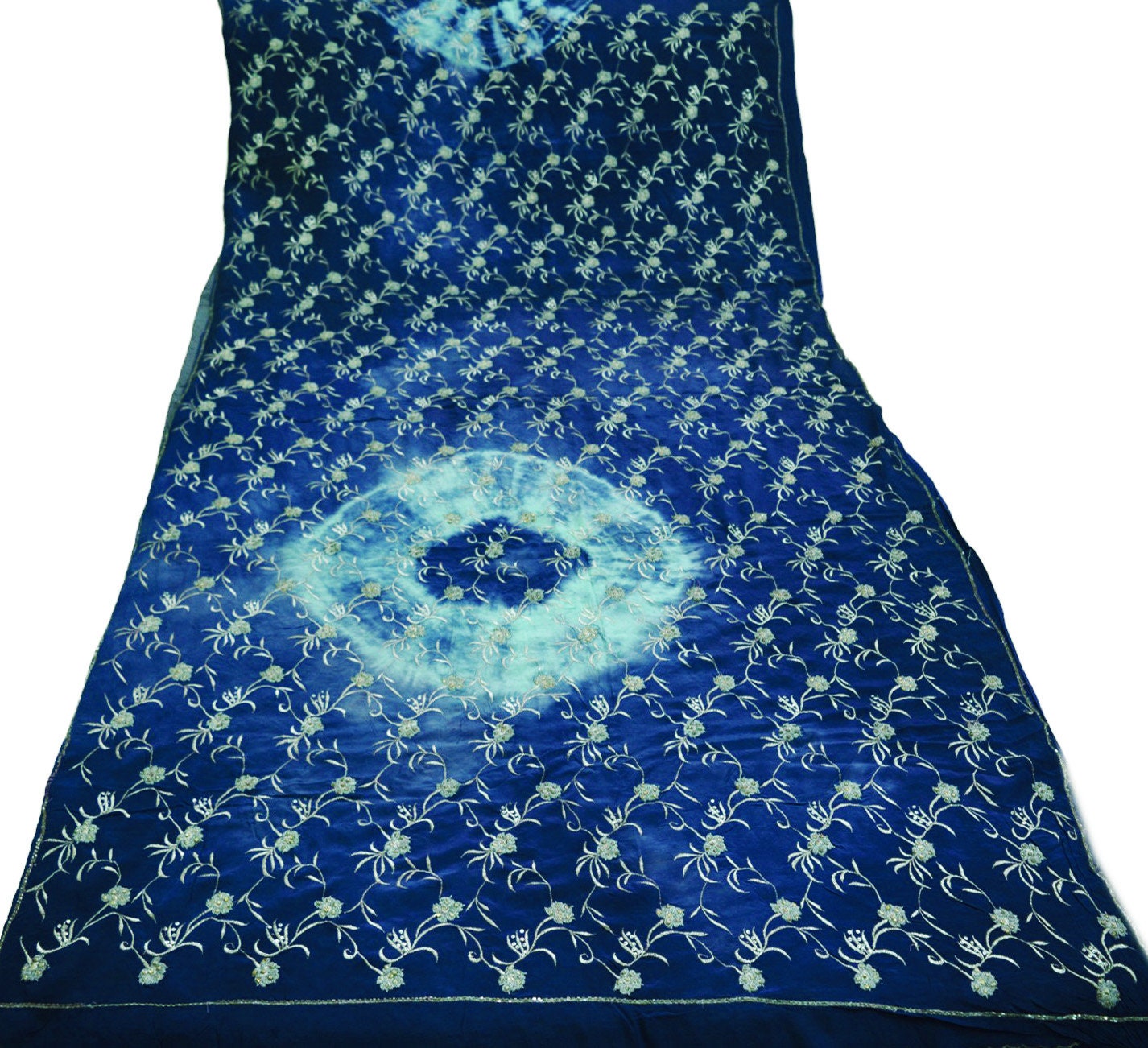 Indian Vintage Sari Blue & Green Pure Crepe Silk Hand Embroidered Saree 6yard Sewing Soft Craft Ethnic Wrap