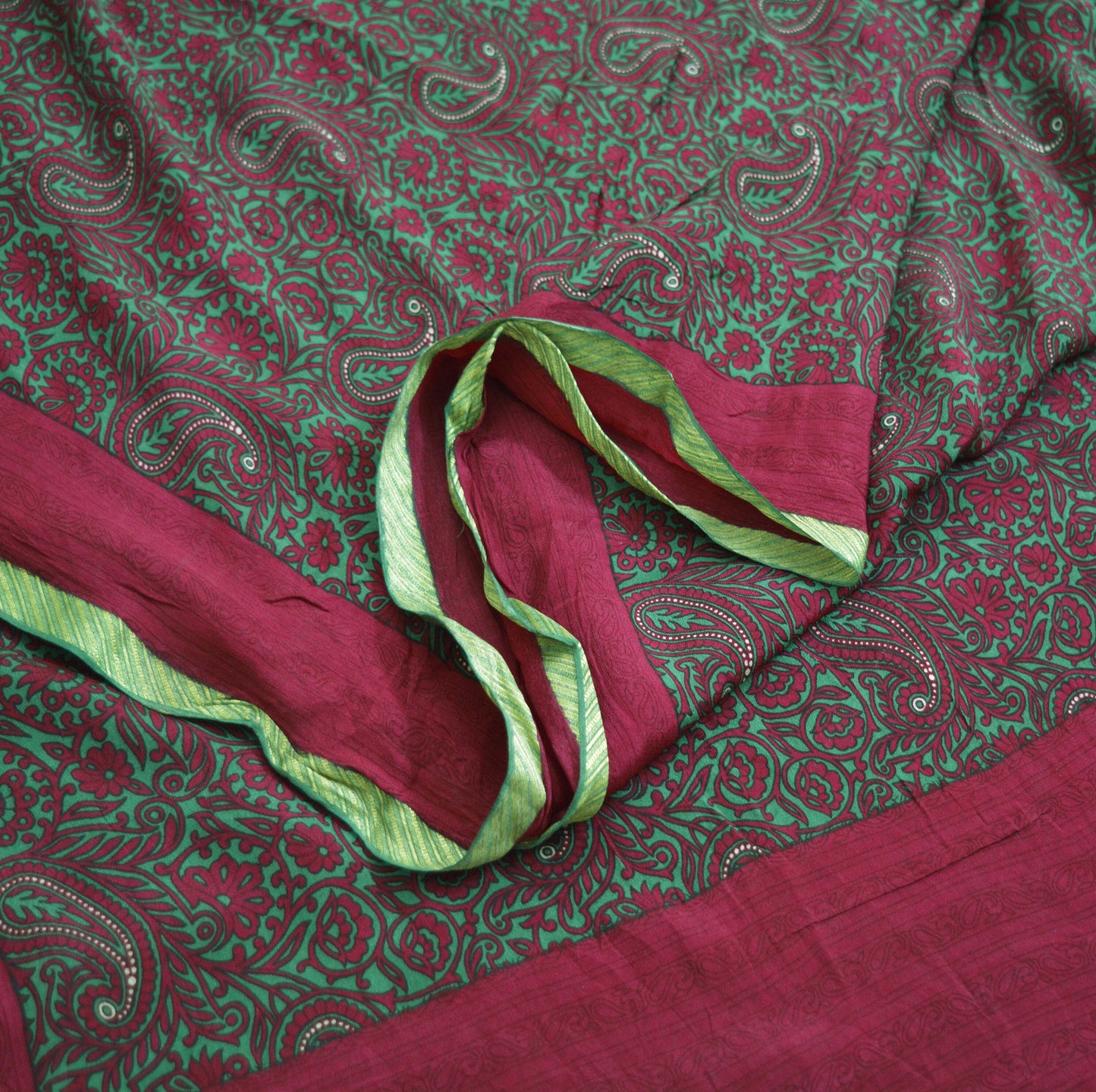 Indian Vintage Sari Red & Green Pure Silk Printed Saree Fabric 5yard Sewing Craft Fabric DressMaking Soft Wrap
