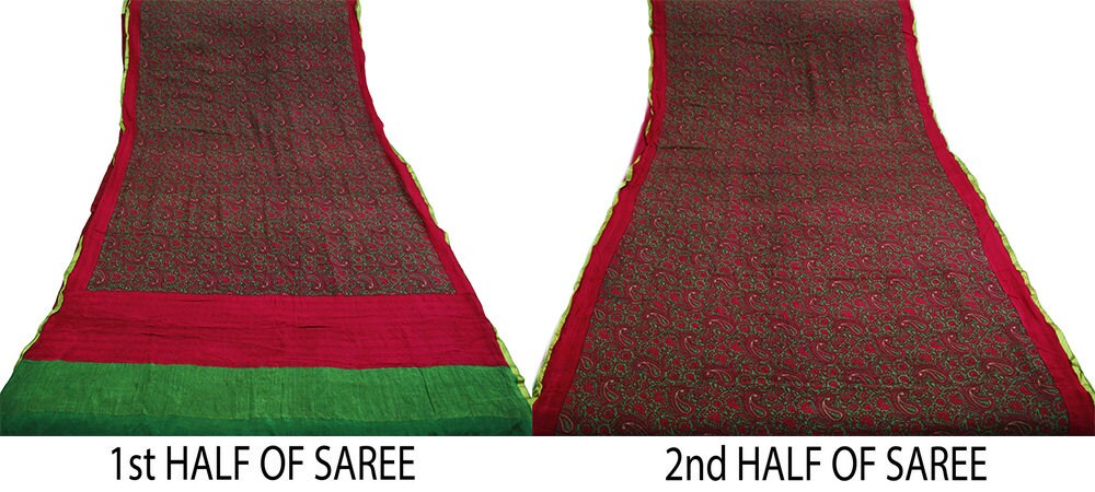 Indian Vintage Sari Red & Green Pure Silk Printed Saree Fabric 5yard Sewing Craft Fabric DressMaking Soft Wrap