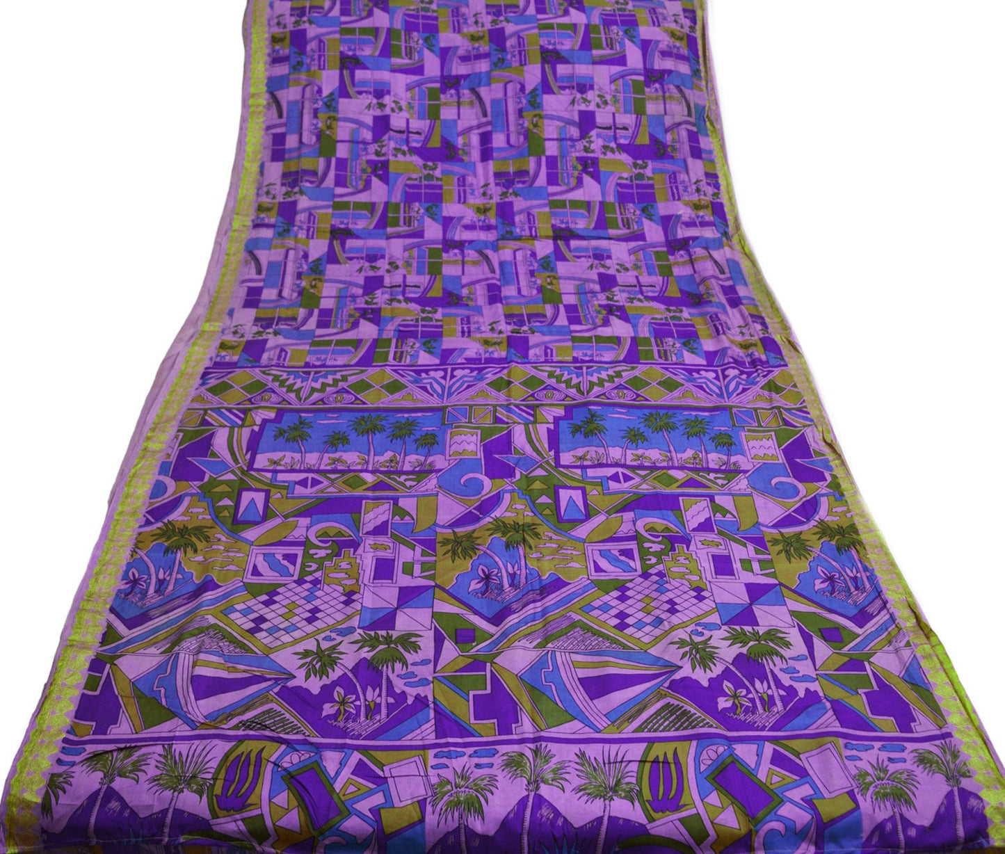 Indian Vintage Sari Purple Pure Silk Printed Saree 5yard Sewing Craft Fabric DressMaking Soft Golden Zari Geometric