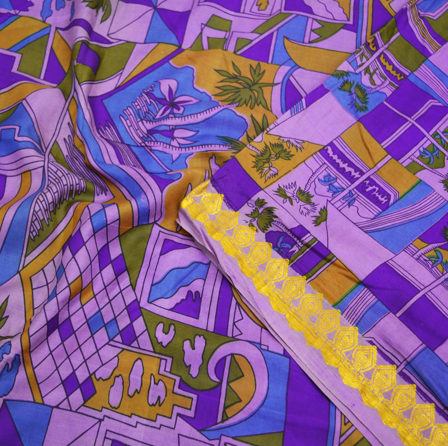 Indian Vintage Sari Purple Pure Silk Printed Saree 5yard Sewing Craft Fabric DressMaking Soft Golden Zari Geometric