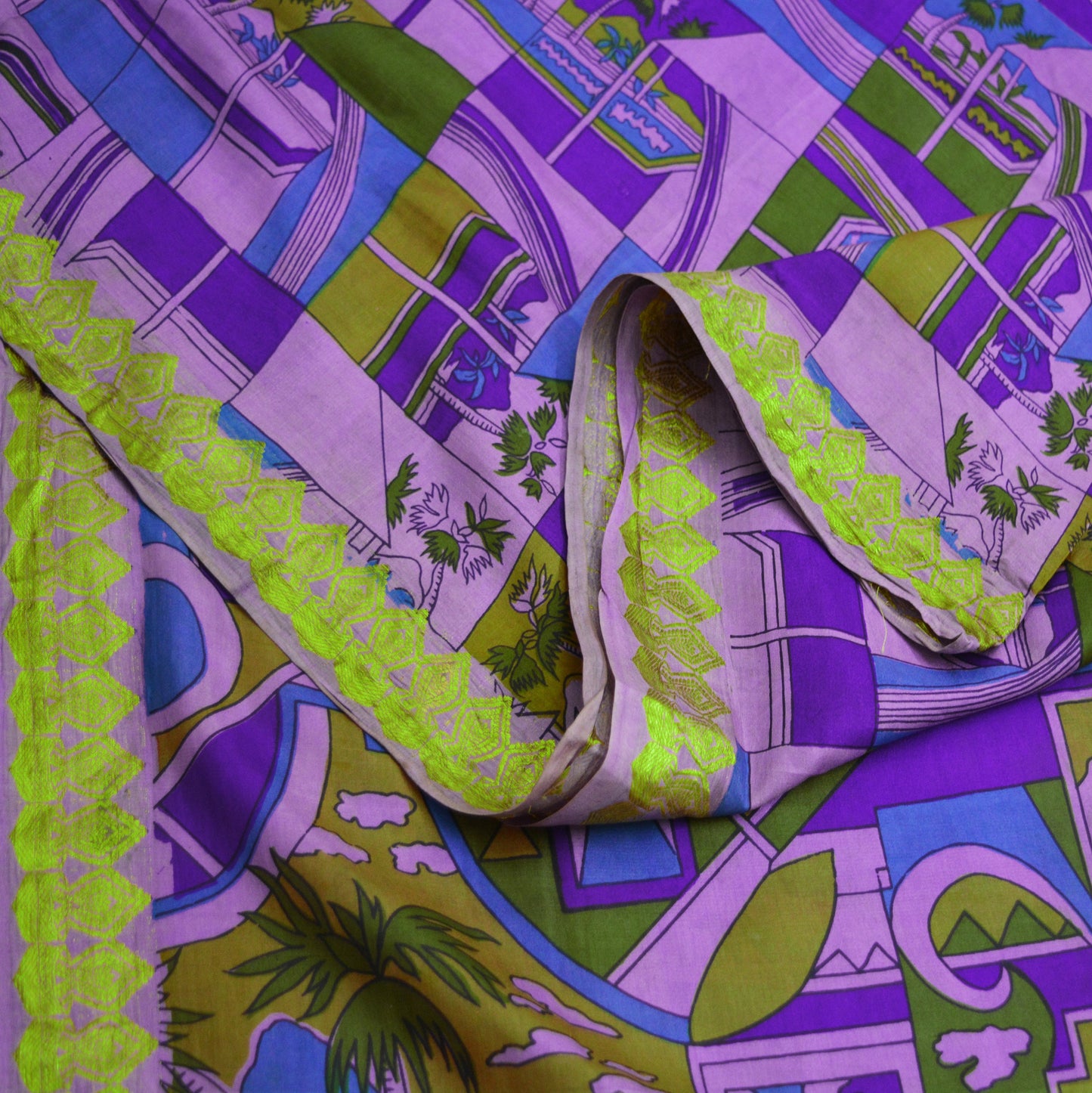 Indian Vintage Sari Purple Pure Silk Printed Saree 5yard Sewing Craft Fabric DressMaking Soft Golden Zari Geometric