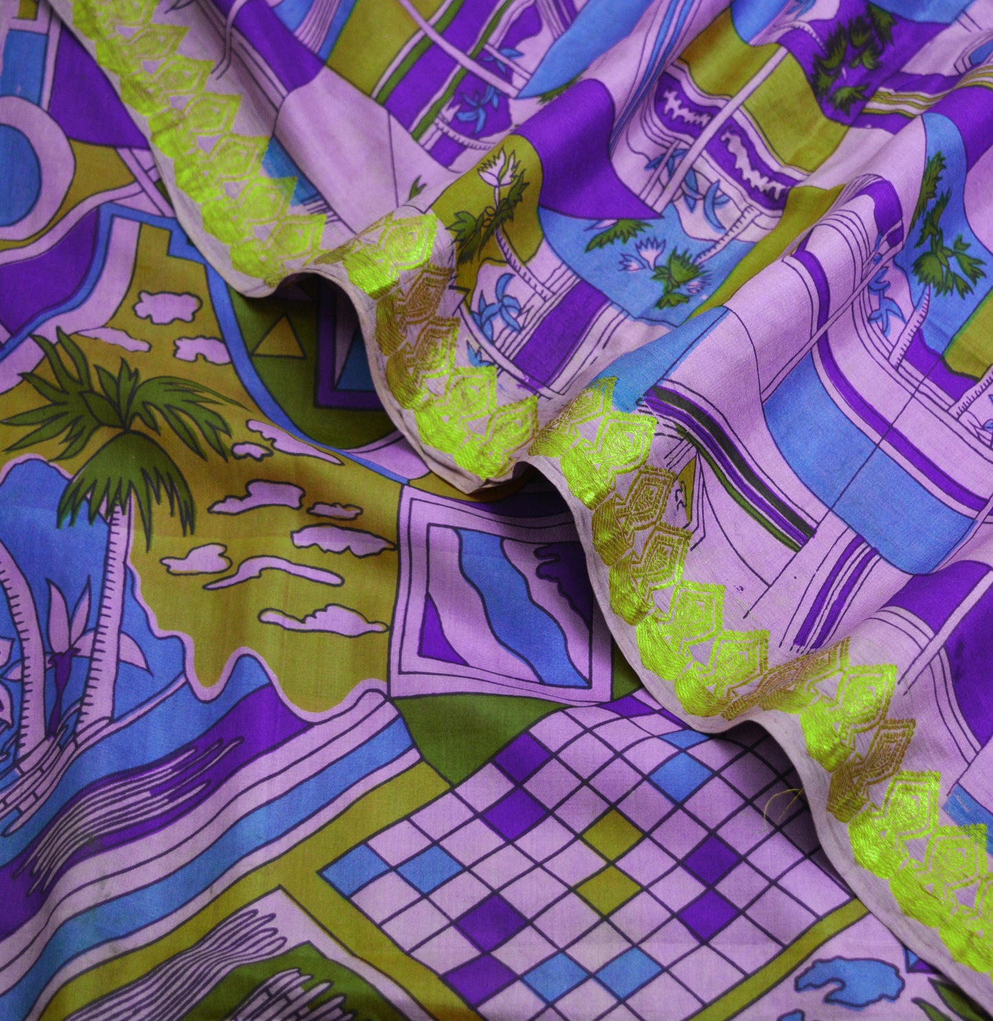 Indian Vintage Sari Purple Pure Silk Printed Saree 5yard Sewing Craft Fabric DressMaking Soft Golden Zari Geometric