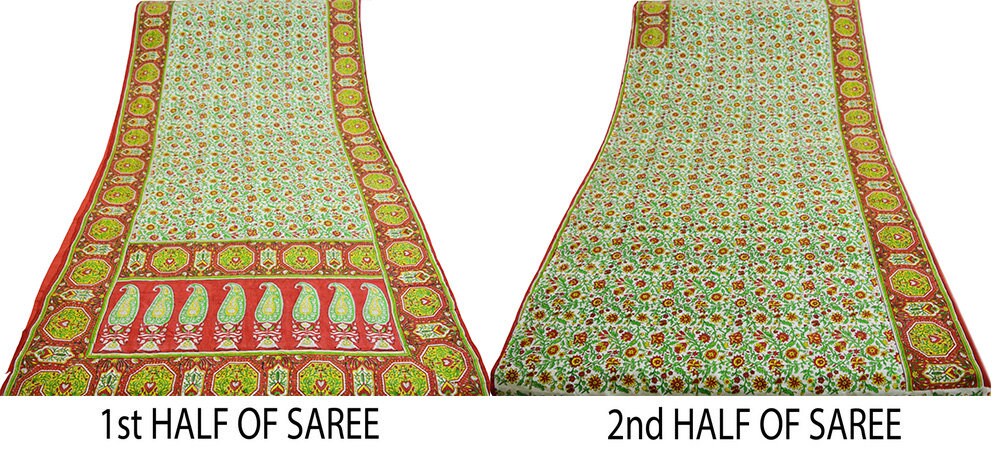 Indian Vintage Sari Ivory & Red Pure Silk Printed Saree 5yd Sewing Craft Fabric DressMaking Soft Wrap Upcycle Used Quilting