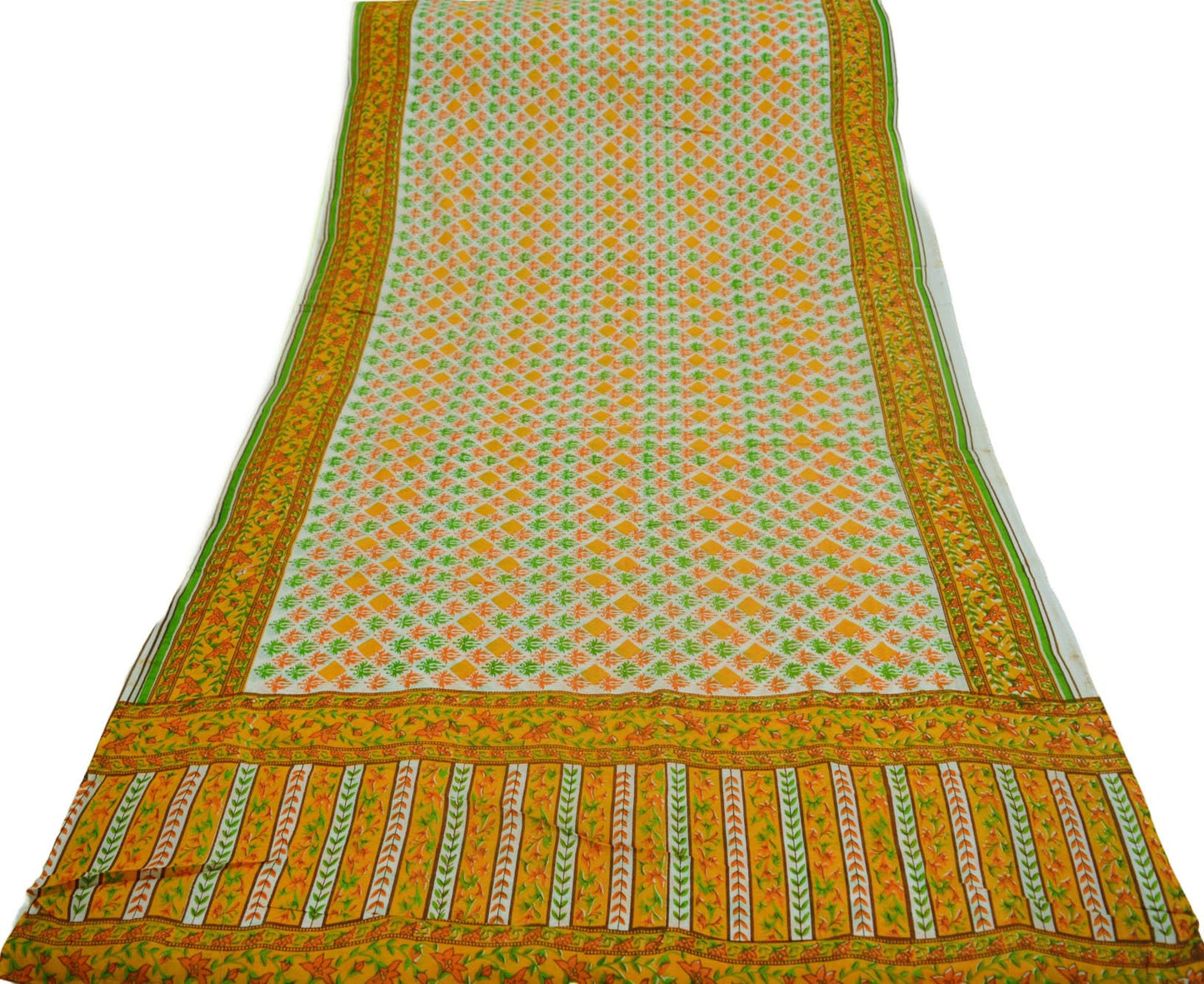 Indian Vintage Sari Orange & White Printed Pure Cotton Saree Craft Soft Fabric 5Yard Sewing Sarong Wrap Boho Floral