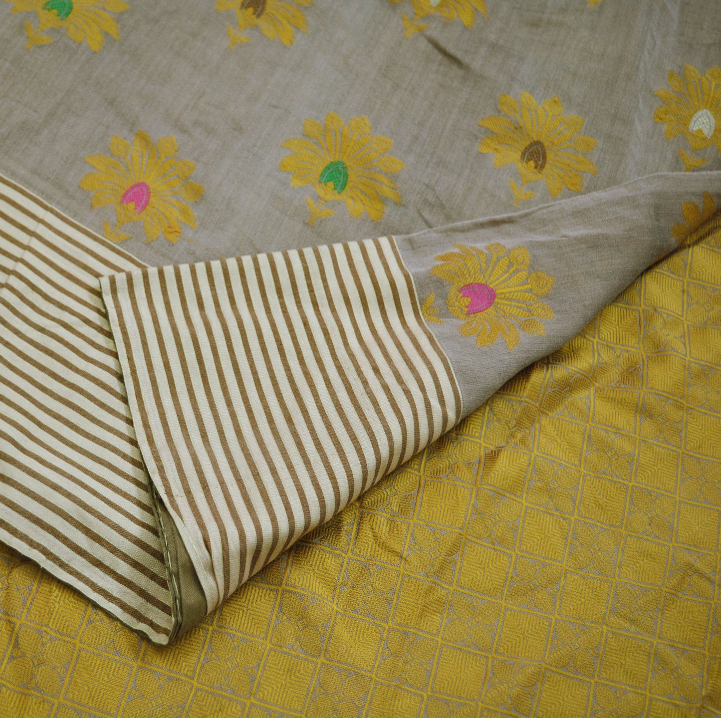 Indian Vintage Saree Brown Blend Cotton Hand Woven Painted Sari Indian Sari Fabric 5Yard Floral Soft