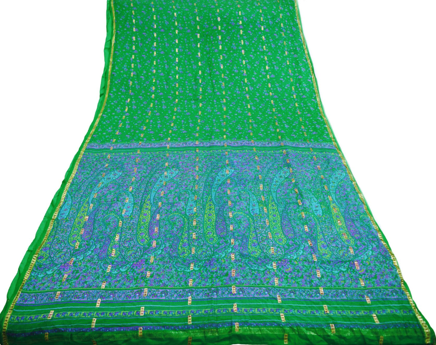 Indian Vintage Sari Green Pure Silk Printed Saree 5yard Sewing Craft Fabric DressMaking Soft Golden Zari