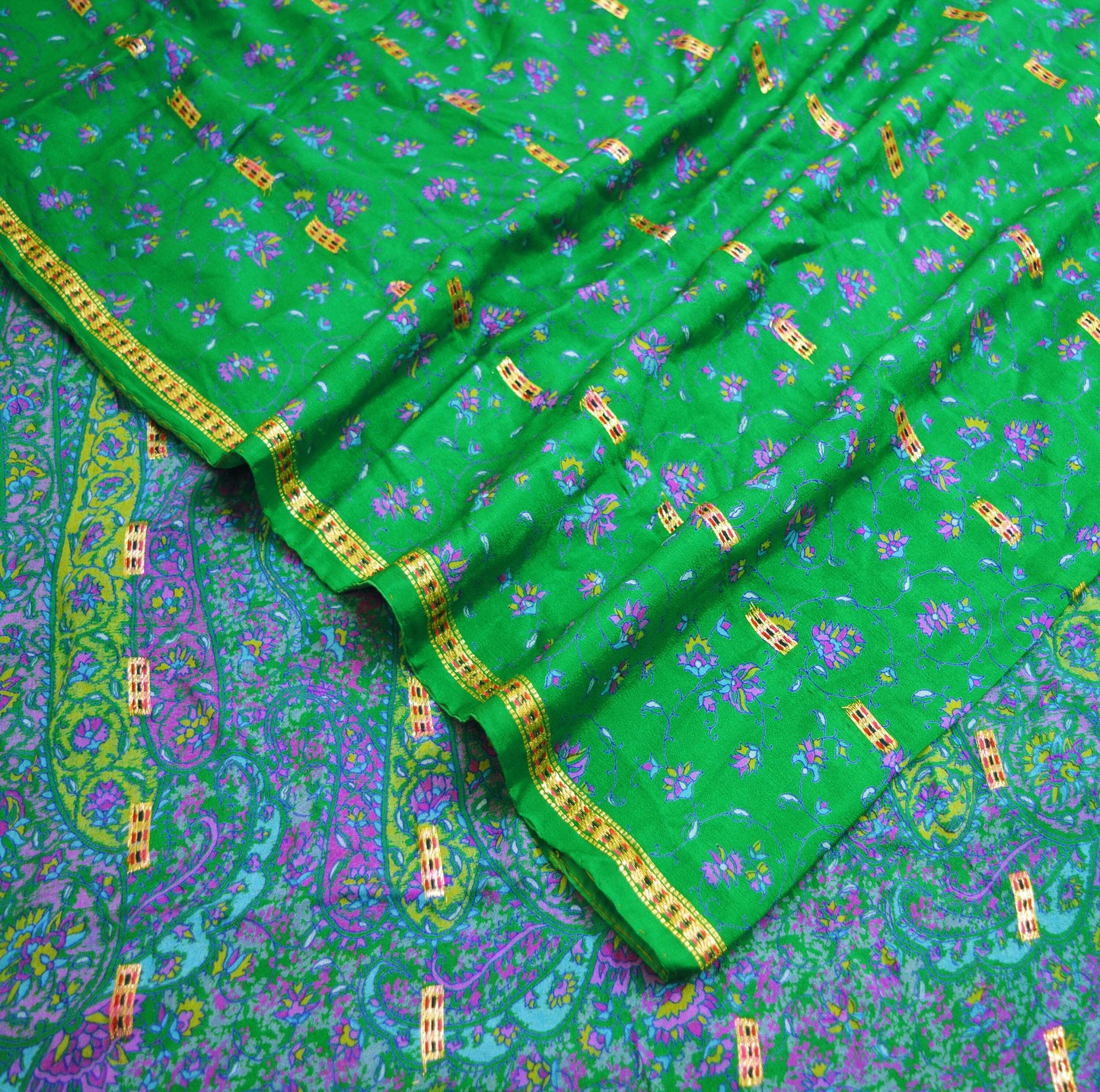 Indian Vintage Sari Green Pure Silk Printed Saree 5yard Sewing Craft Fabric DressMaking Soft Golden Zari