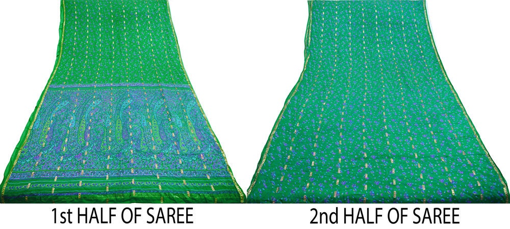 Indian Vintage Sari Green Pure Silk Printed Saree 5yard Sewing Craft Fabric DressMaking Soft Golden Zari