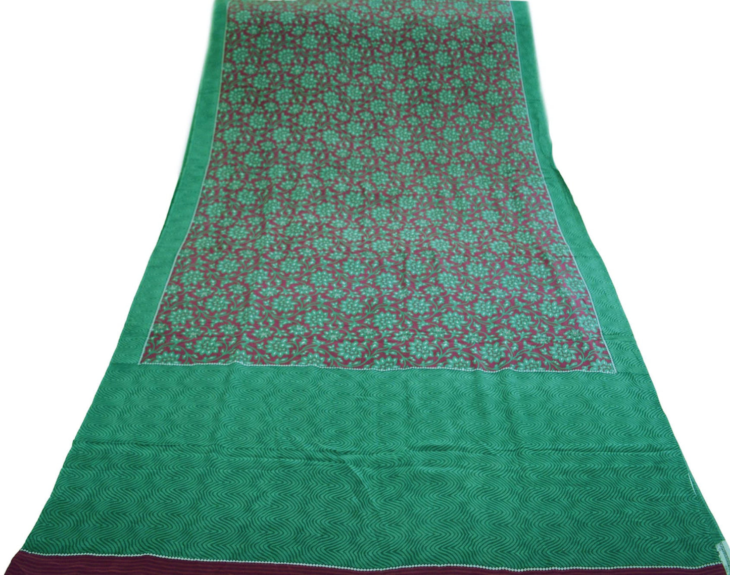 Indian Vintage Sari Maroon & Green Pure Crepe Silk Printed Saree 5yd Sewing Floral Soft Craft Fabric Ethnic Wrap