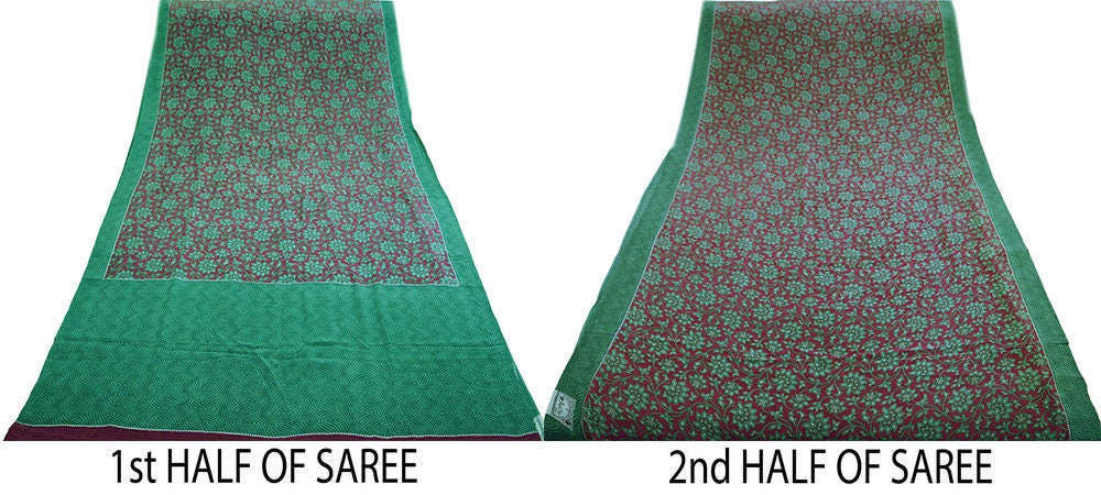 Indian Vintage Sari Maroon & Green Pure Crepe Silk Printed Saree 5yd Sewing Floral Soft Craft Fabric Ethnic Wrap