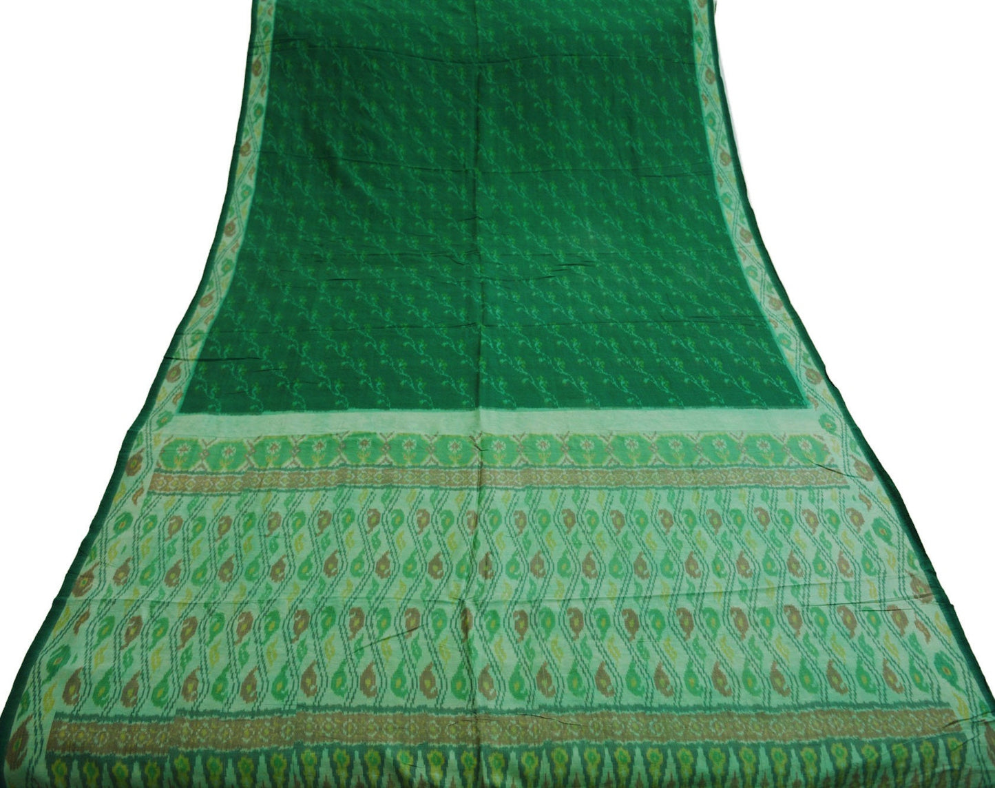 Indian Vintage Green & Cream Pure Silk Hand Woven Ikat Saree Indian Sari Fabric 5Yard Craft Ethnic Premium Saree
