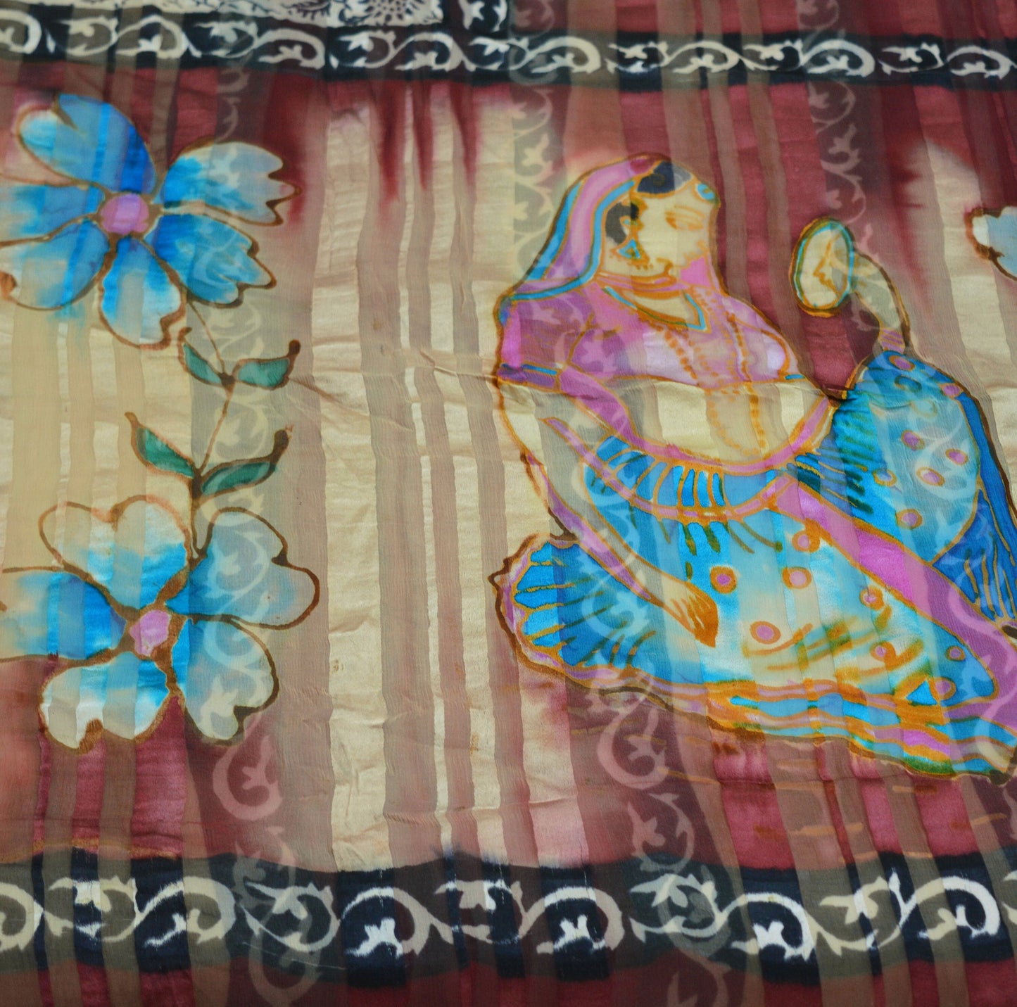 Women Vintage Sari Maroon & Beige Pure Chiffon Silk Saree Craft Fabric Sewing 6Yard Soft Light Sari Dress Making