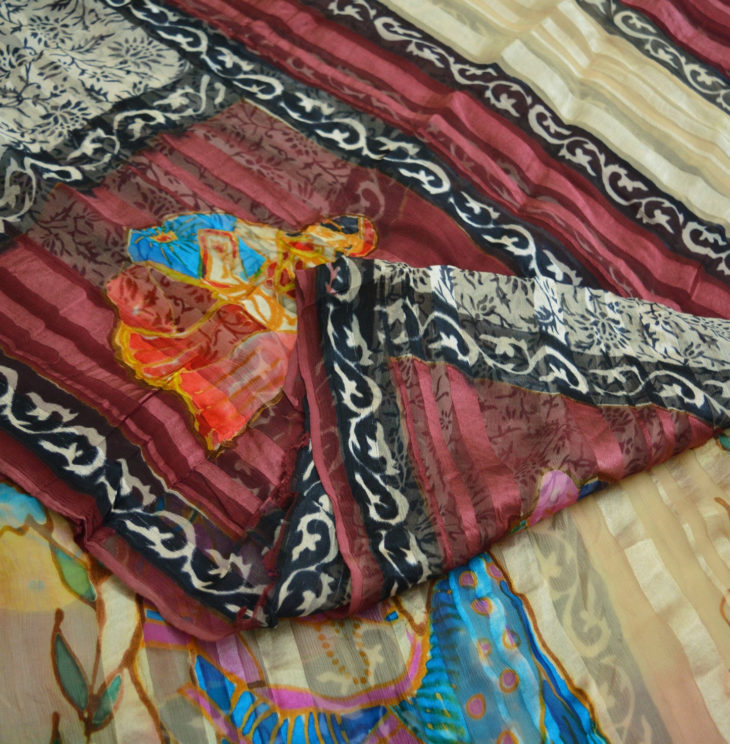 Women Vintage Sari Maroon & Beige Pure Chiffon Silk Saree Craft Fabric Sewing 6Yard Soft Light Sari Dress Making