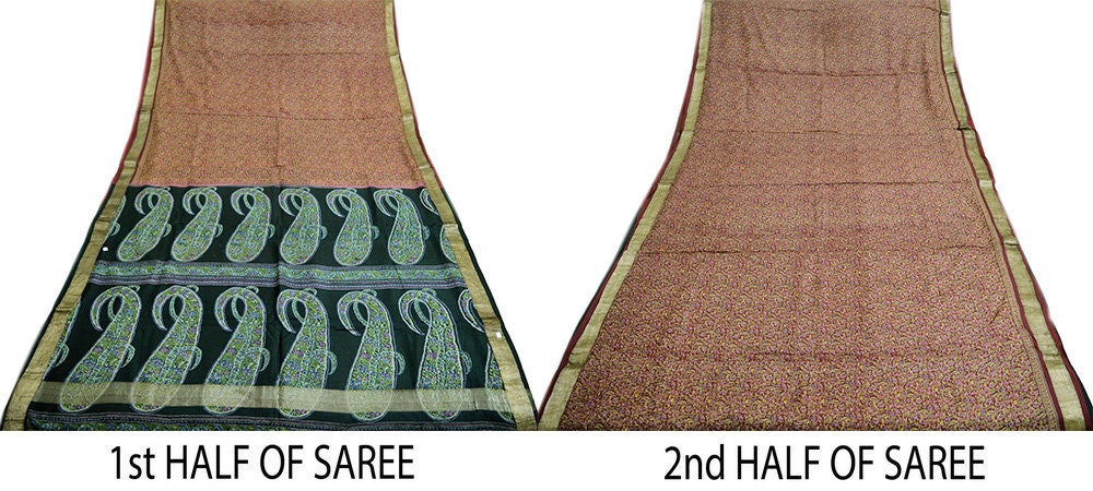 Indian Vintage Sari Black & Maroon 100% Pure Silk Printed Saree Fabric 5yd Sewing Craft DressMaking Soft Paisley