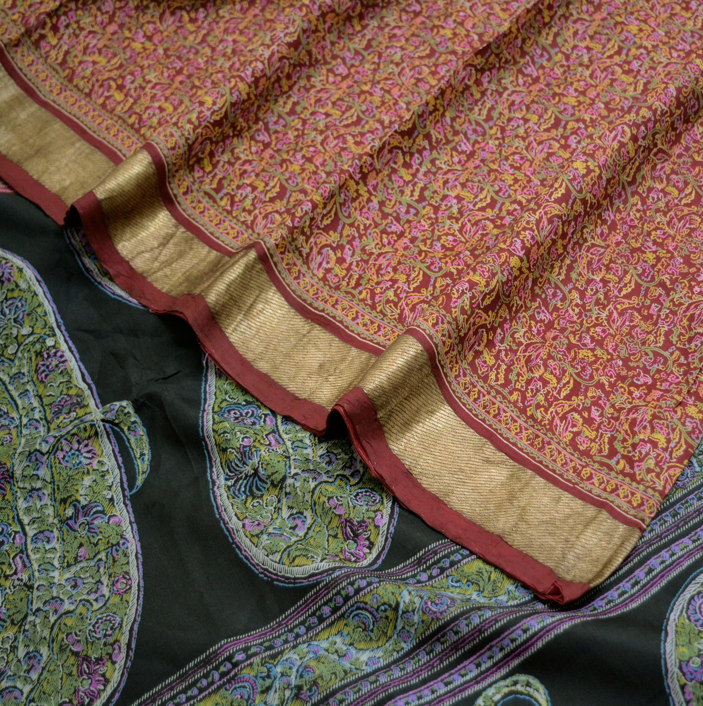 Indian Vintage Sari Black & Maroon 100% Pure Silk Printed Saree Fabric 5yd Sewing Craft DressMaking Soft Paisley