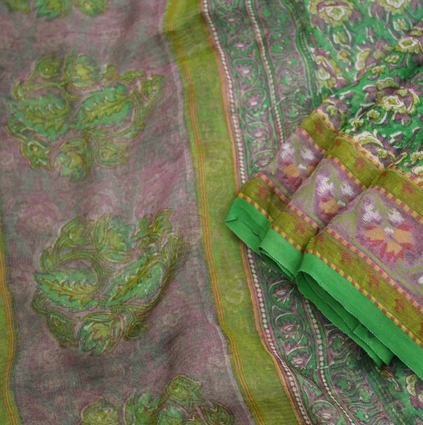 Women Vintage Sari Green Pure Chiffon Silk Printed Saree Craft Fabric Sewing 5Yard Soft Light Sari Dress Making
