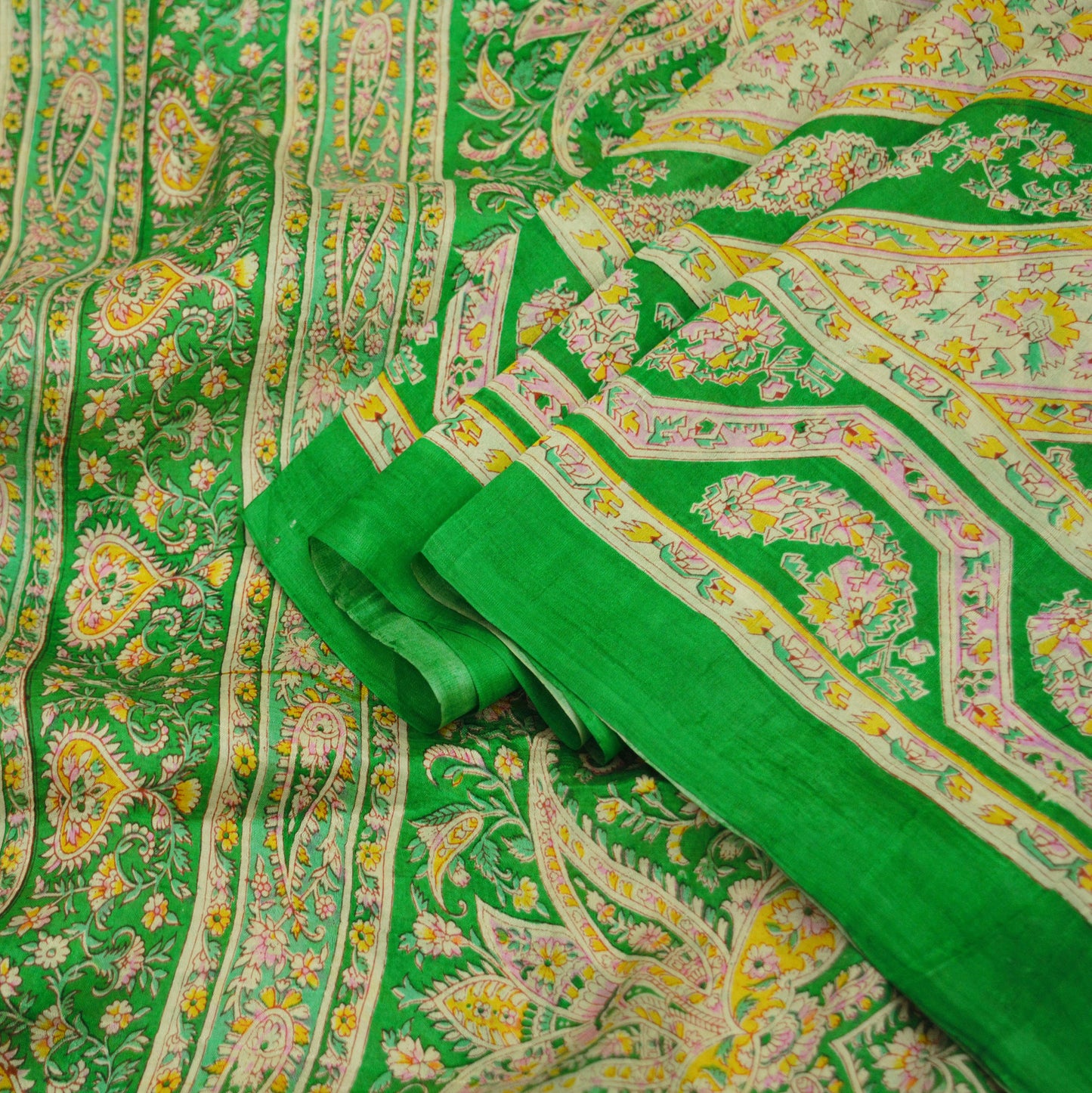 Indian Vintage Sari Ivory & Green Pure Silk Printed Saree Fabric 5yd Sewing Craft Fabric DressMaking Soft