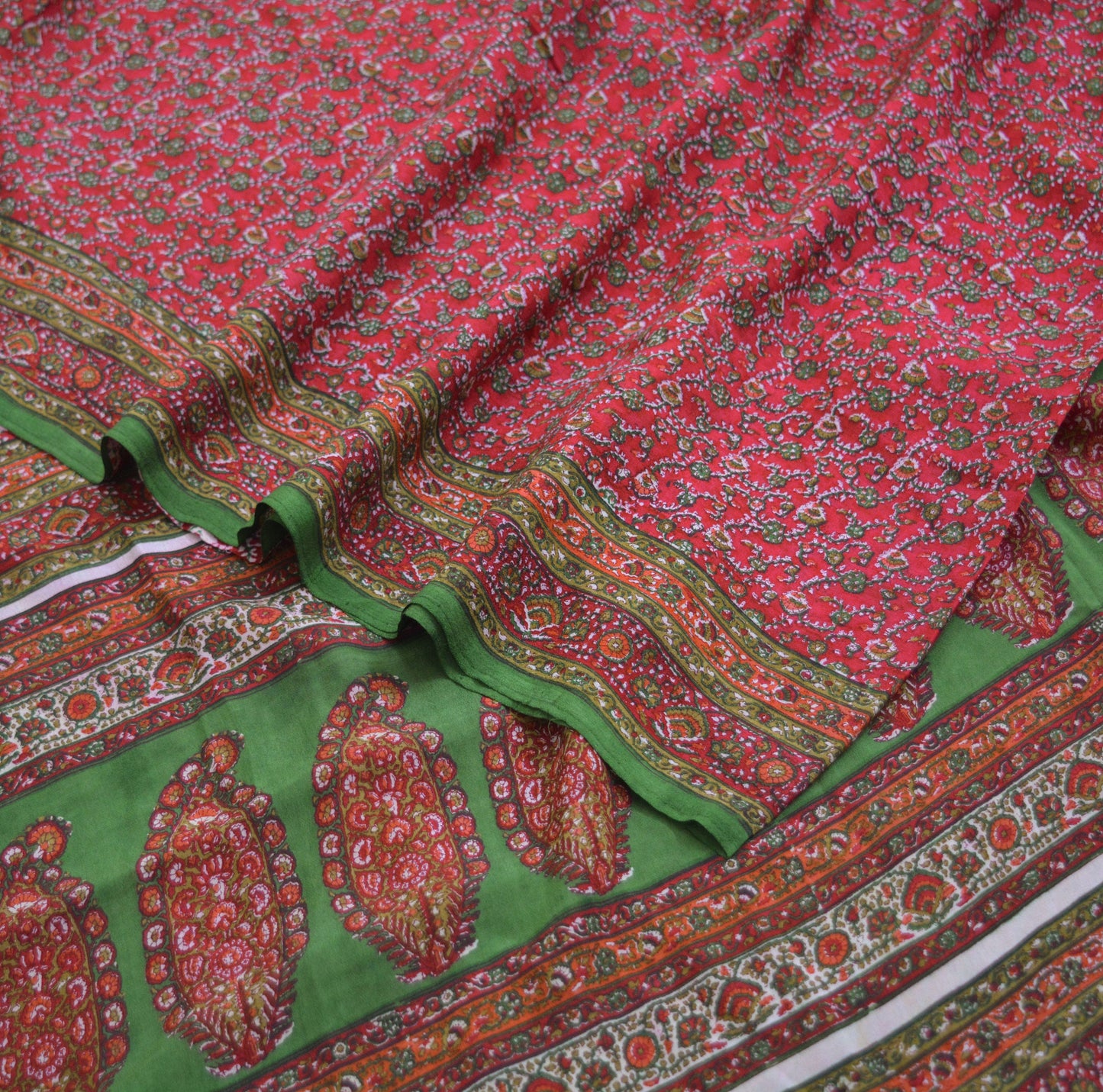Indian Vintage Sari Pink & Green Pure Silk Printed Saree 5yd Sewing Craft Fabric DressMaking Soft Floral Ethnic