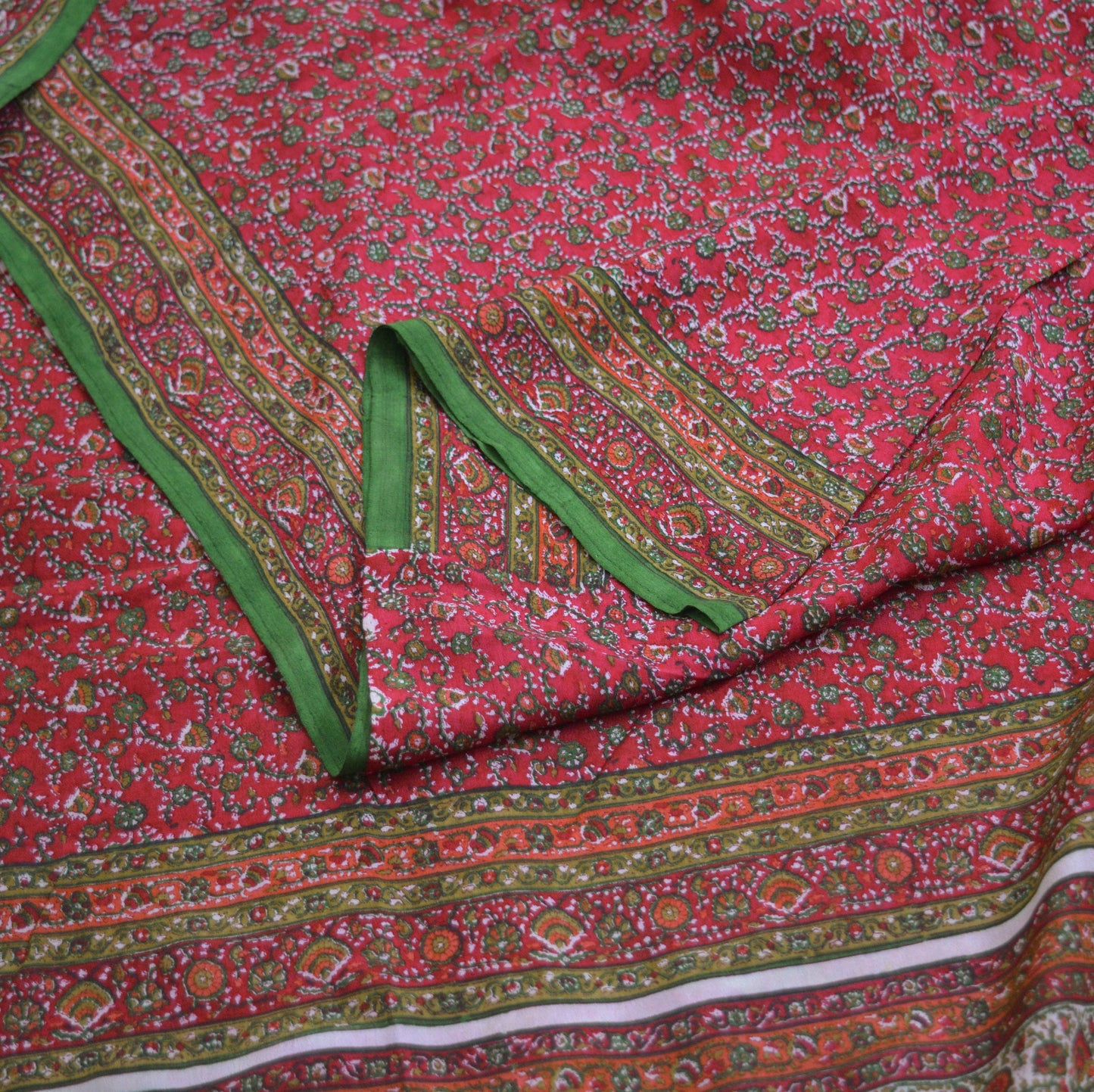 Indian Vintage Sari Pink & Green Pure Silk Printed Saree 5yd Sewing Craft Fabric DressMaking Soft Floral Ethnic