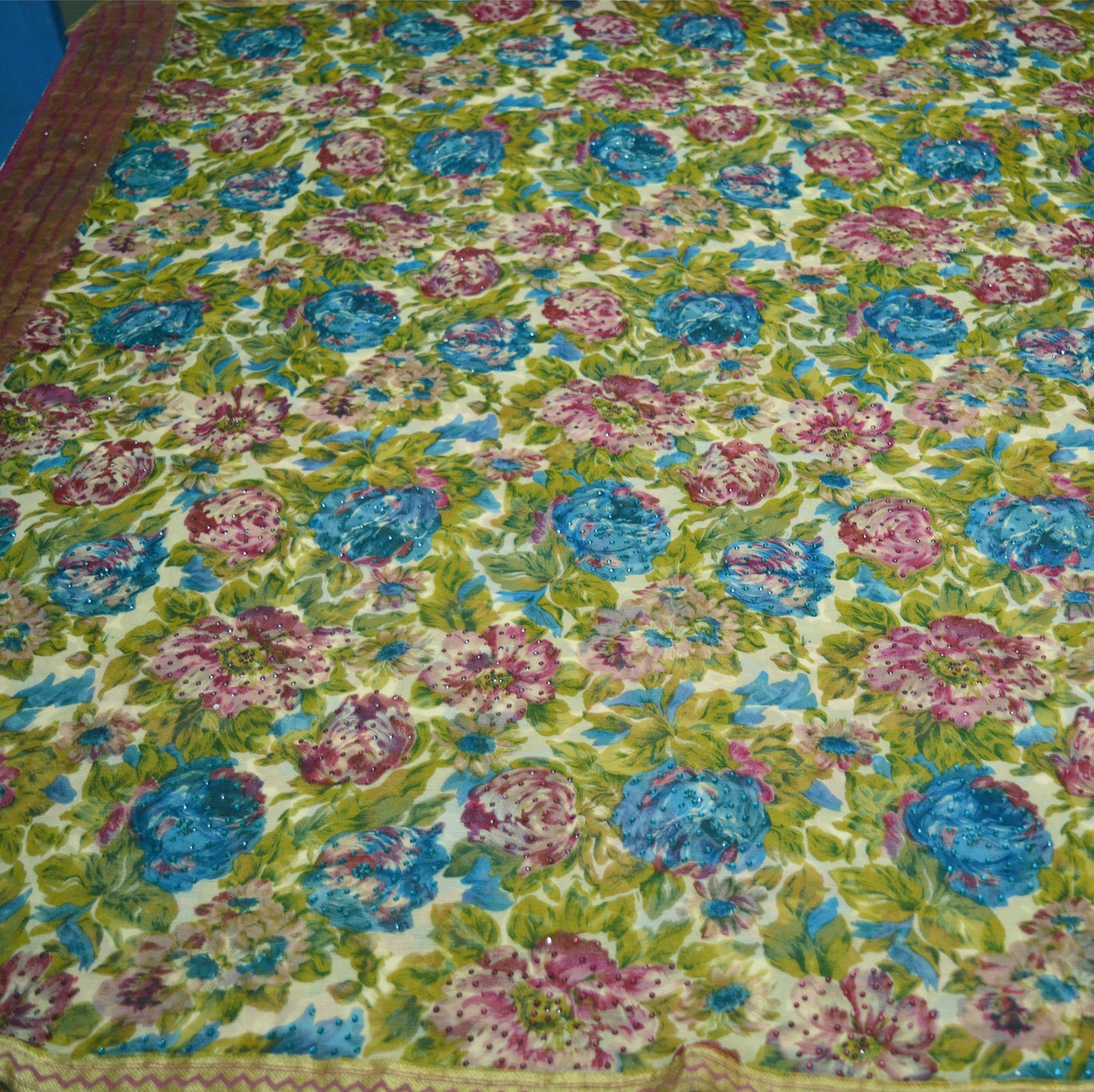 Women Vintage Sari Ivory Pure Chiffon Silk Beaded Printed Saree Craft Fabric Sewing 5Yard Soft Light Dress Making Floral Zari